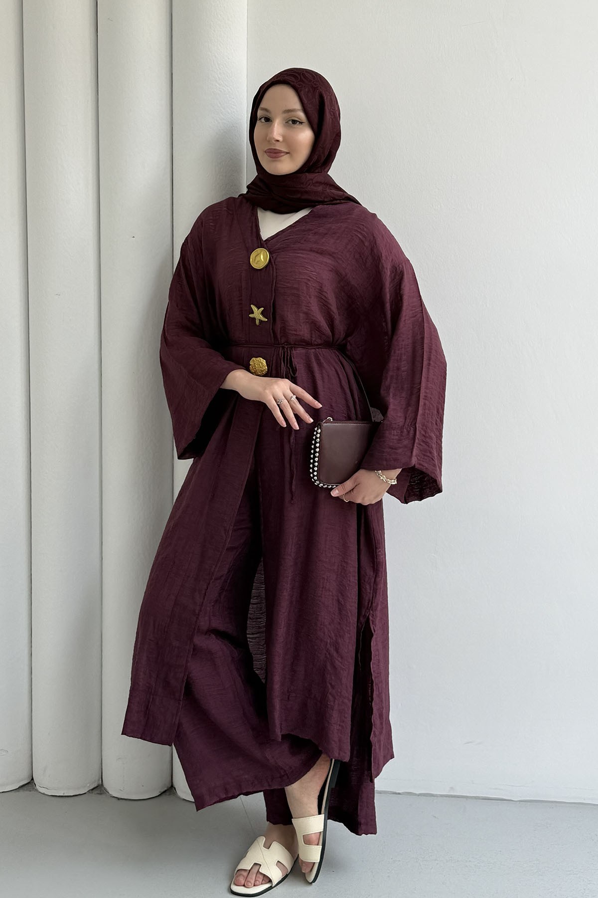 Boydan Düğmeli Broş Detaylı Pantolon Tesettür Takım-BORDO