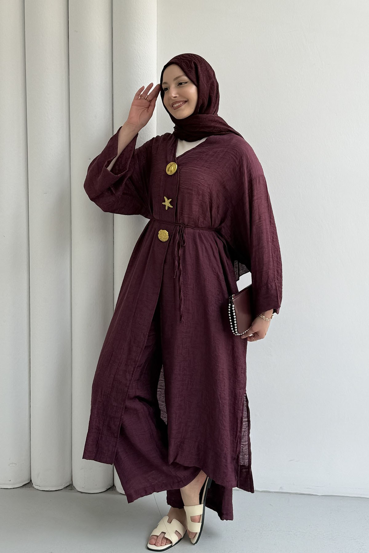 Boydan Düğmeli Broş Detaylı Pantolon Tesettür Takım-BORDO