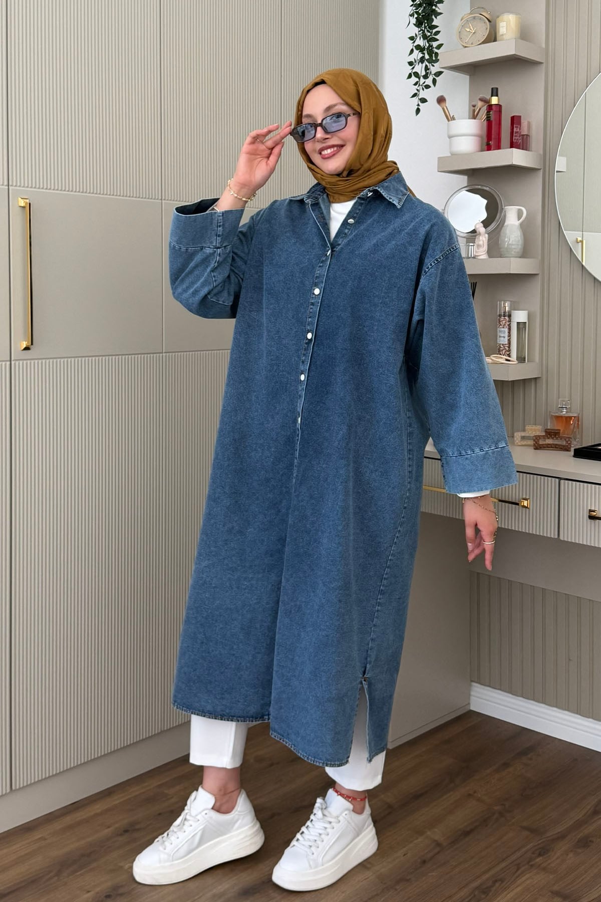 Boydan Düğmeli Denim Ara Boy Kap Gömlek-AÇIK MAVİ