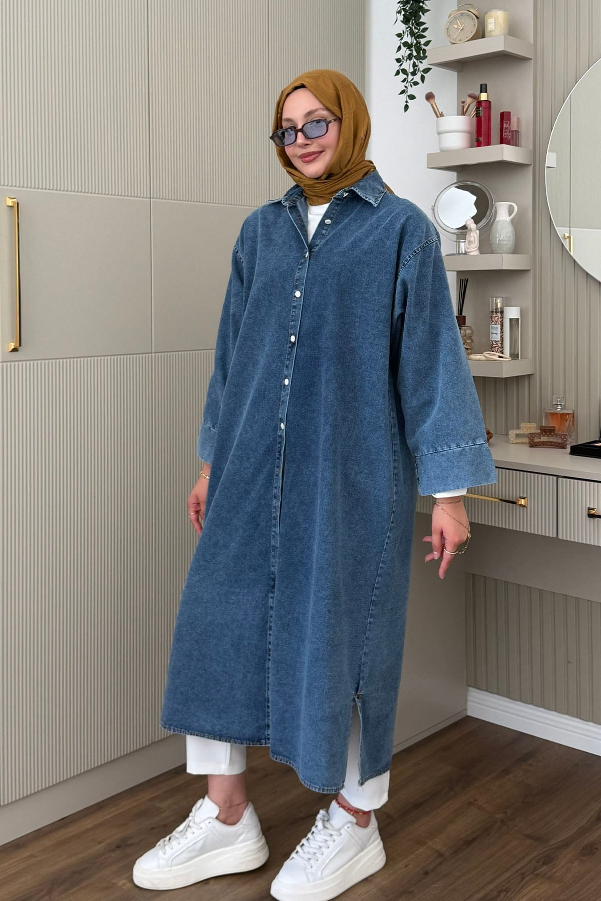 Boydan Düğmeli Denim Ara Boy Kap Gömlek-AÇIK MAVİ