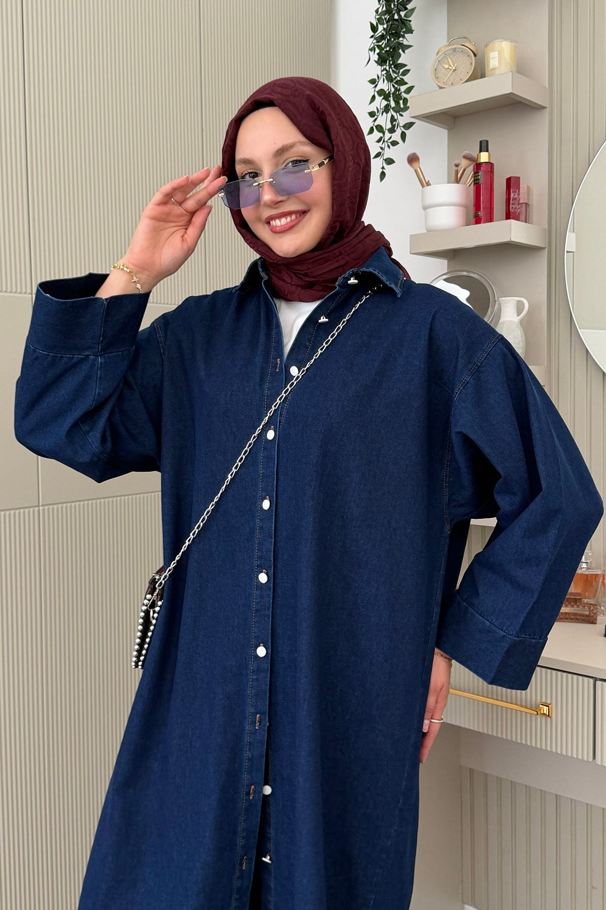 Boydan Düğmeli Denim Ara Boy Kap Gömlek-KOYU MAVİ