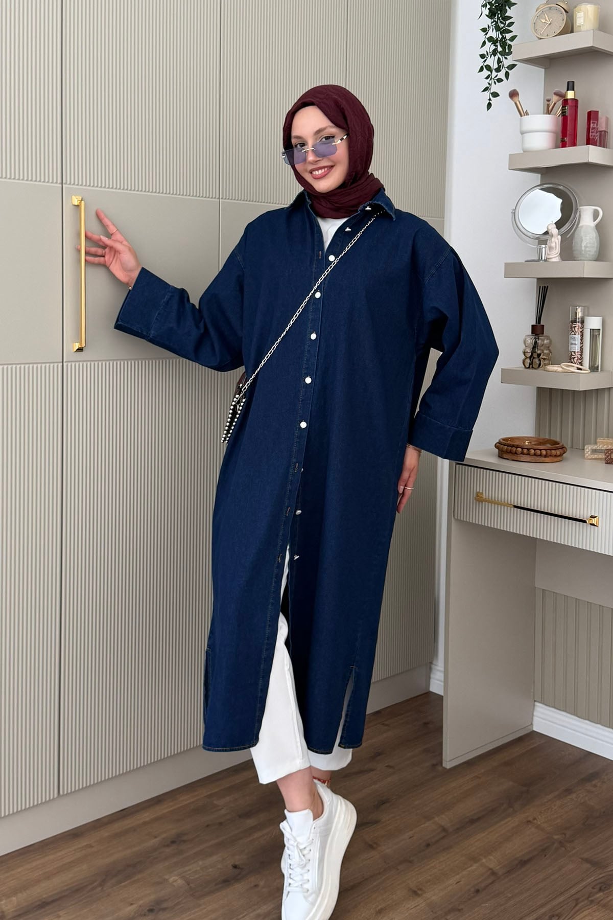 Boydan Düğmeli Denim Ara Boy Kap Gömlek-KOYU MAVİ