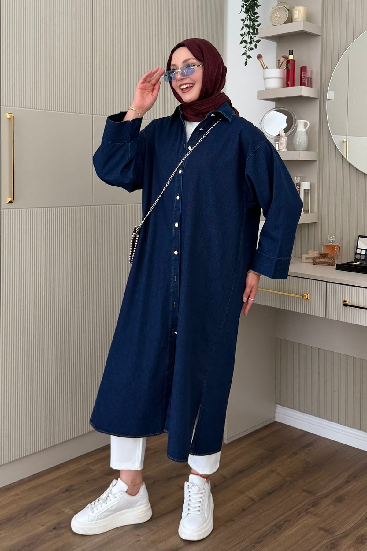 Boydan Düğmeli Denim Ara Boy Kap Gömlek-KOYU MAVİ