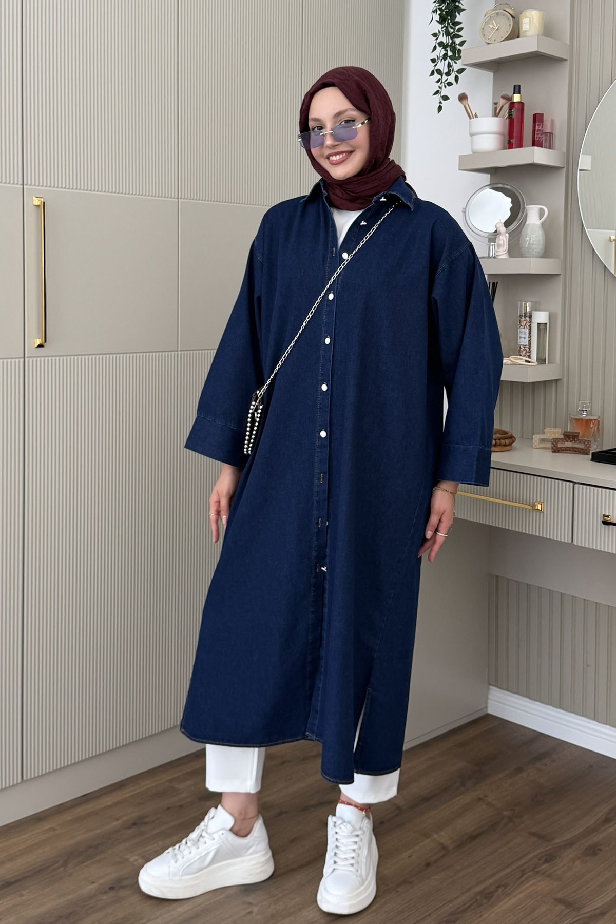 Boydan Düğmeli Denim Ara Boy Kap Gömlek-KOYU MAVİ