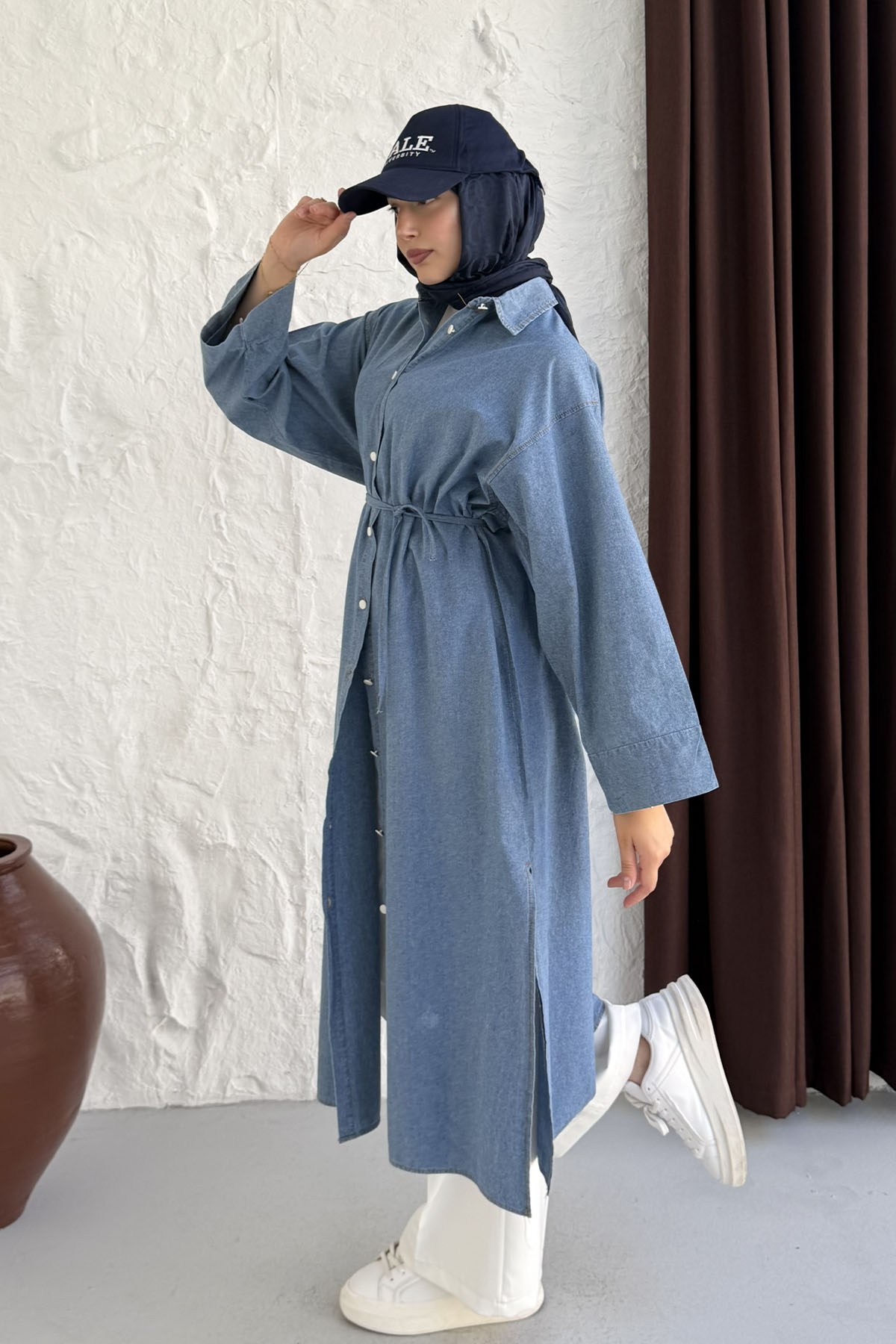 Boydan Düğmeli Kol Manşetli Denim Gömlek-AÇIK MAVİ