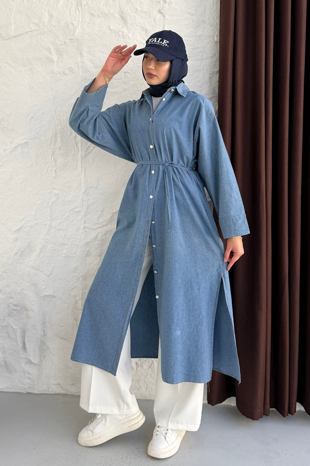 Boydan Düğmeli Kol Manşetli Denim Gömlek-AÇIK MAVİ