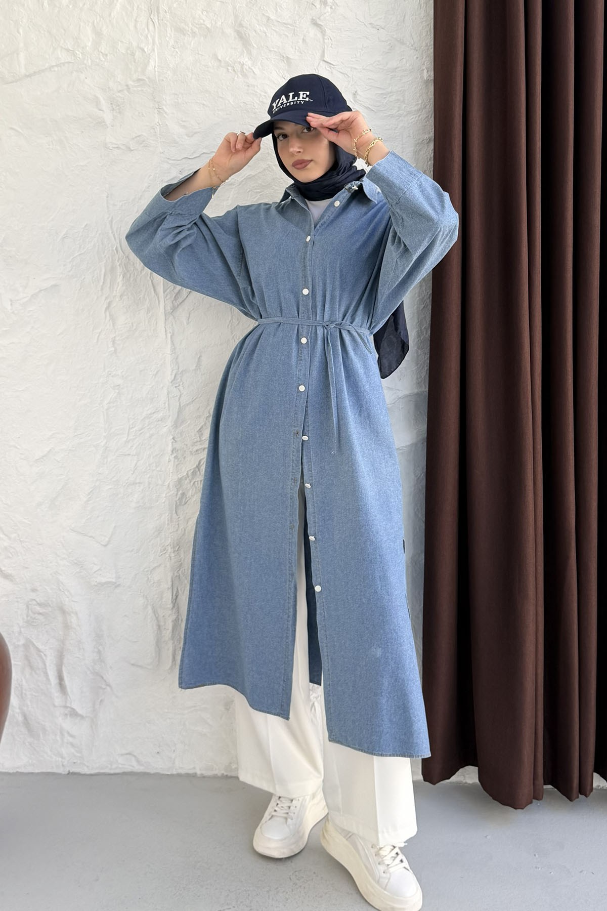 Boydan Düğmeli Kol Manşetli Denim Gömlek-AÇIK MAVİ