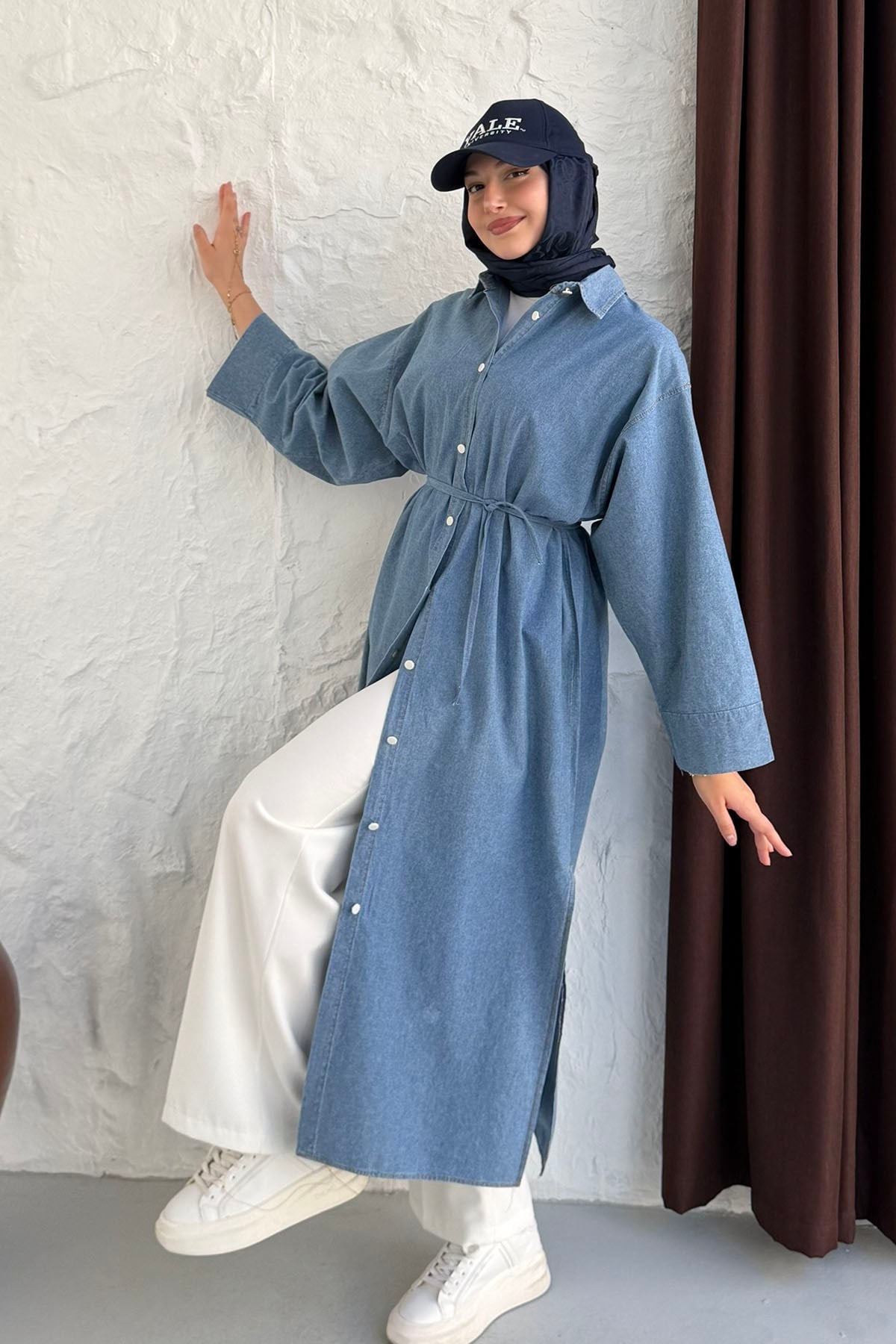 Boydan Düğmeli Kol Manşetli Denim Gömlek-AÇIK MAVİ