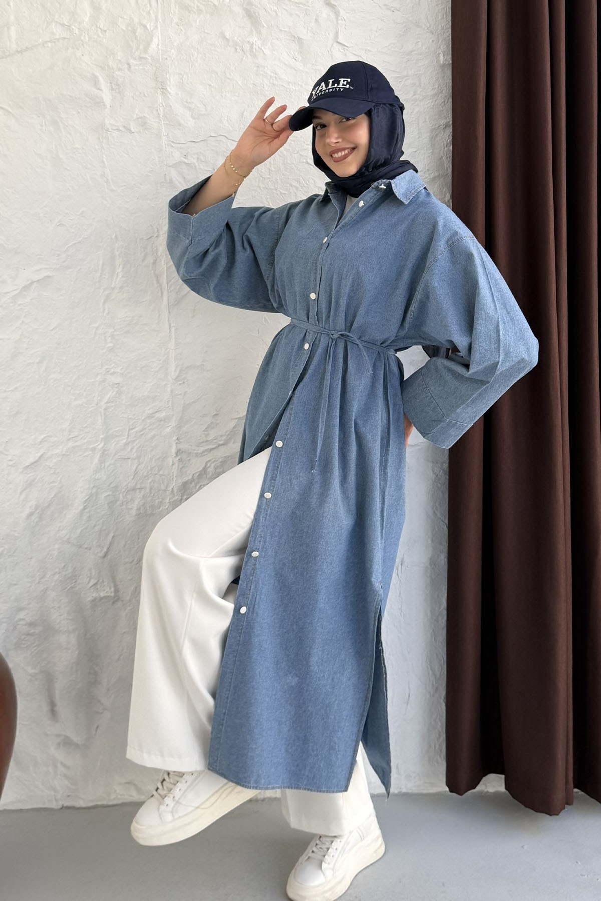 Boydan Düğmeli Kol Manşetli Denim Gömlek-AÇIK MAVİ