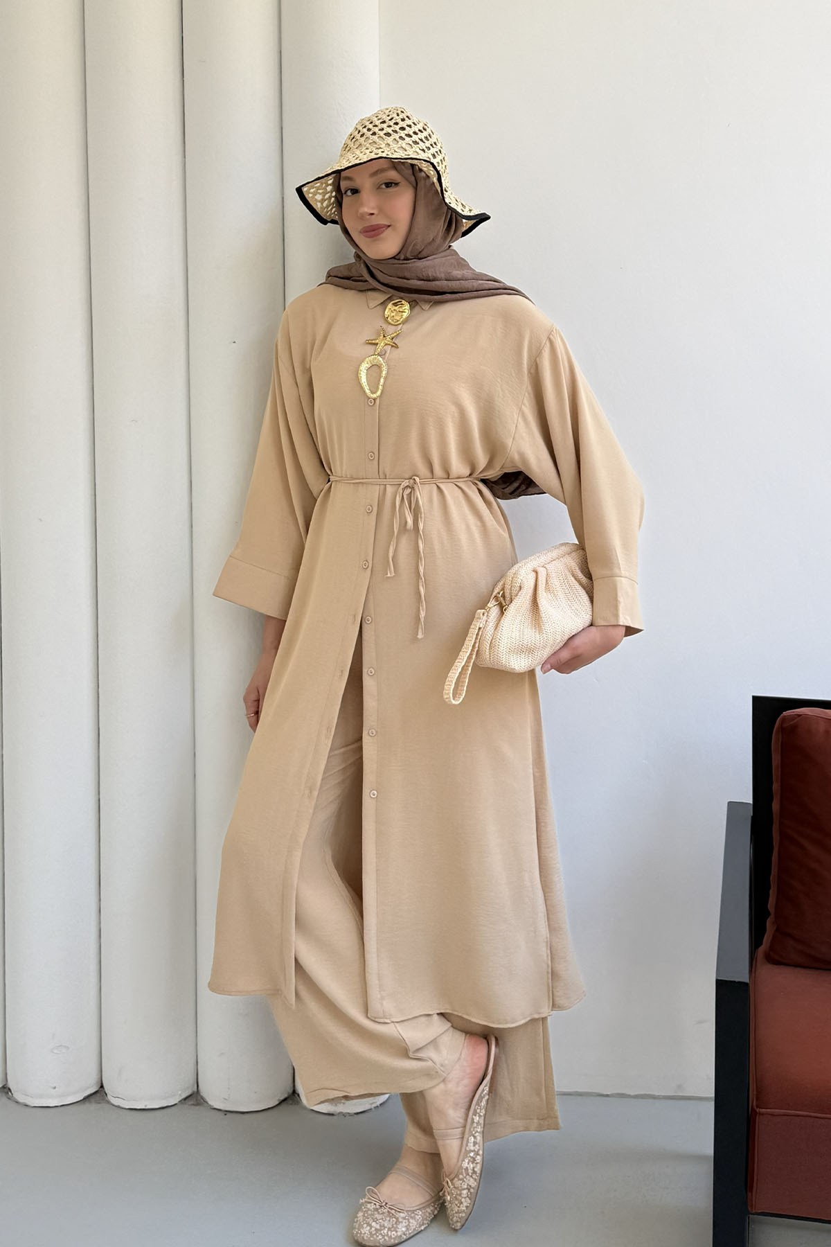 Boydan Düğmeli Tunik Pantolon Tesettür Takım-BEJ