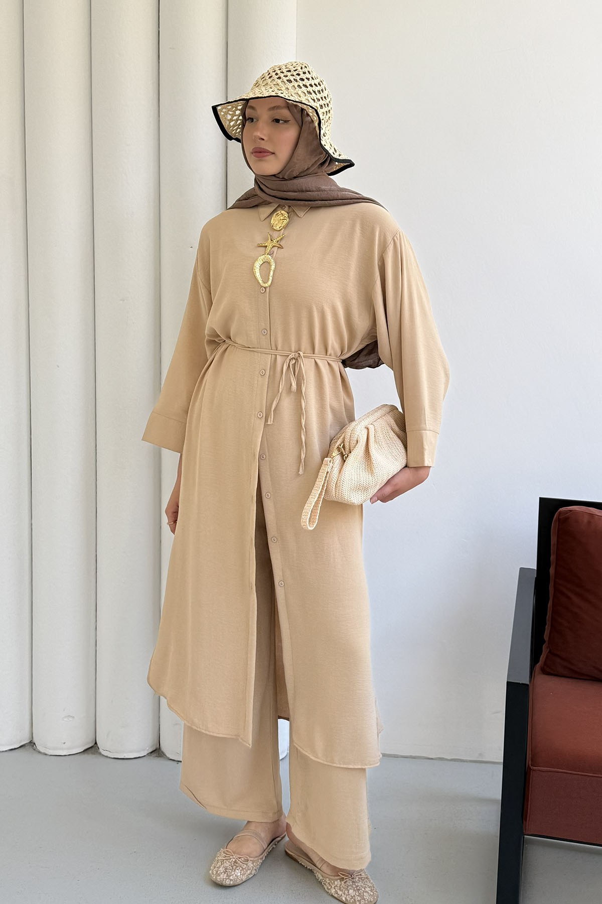 Boydan Düğmeli Tunik Pantolon Tesettür Takım-BEJ