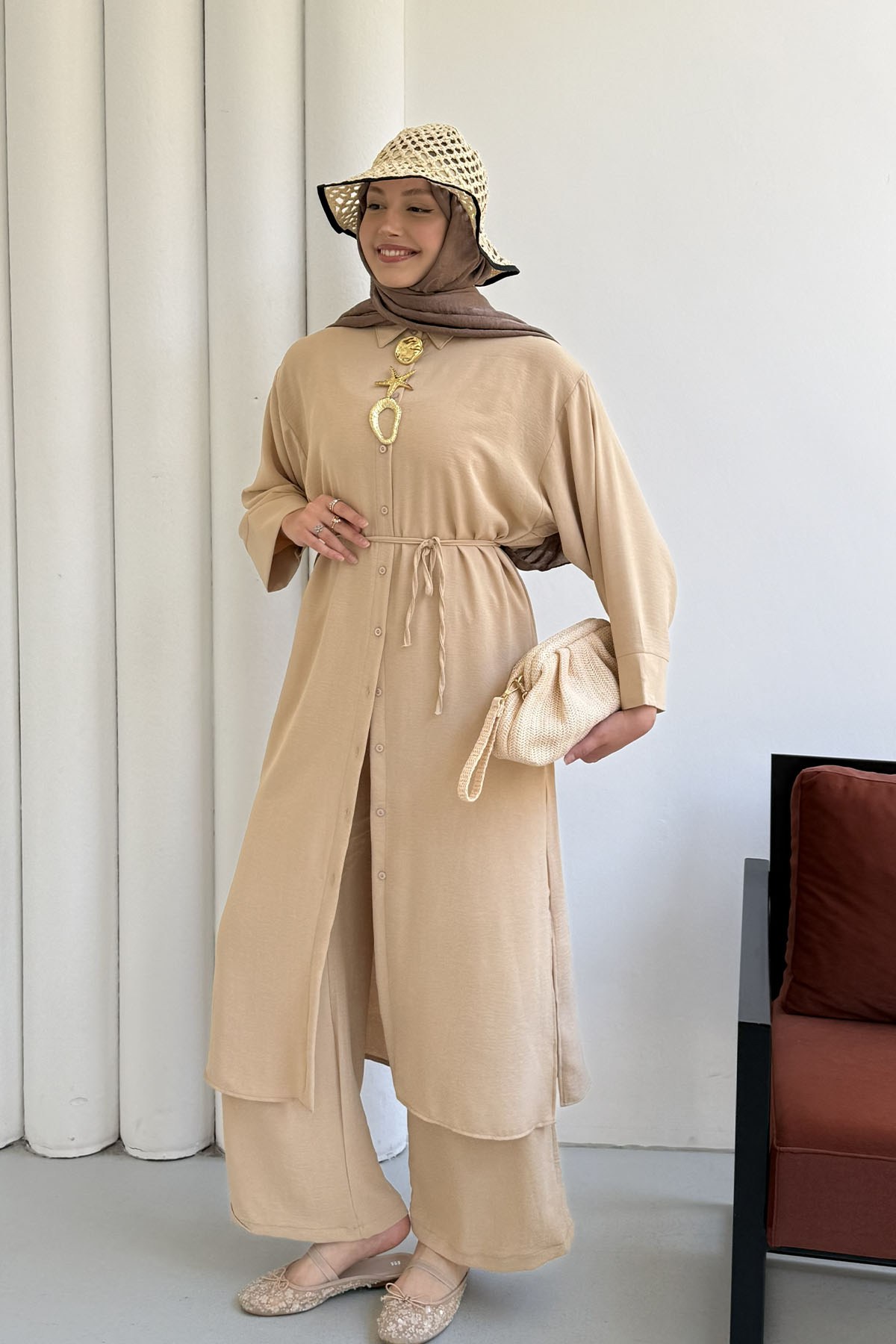 Boydan Düğmeli Tunik Pantolon Tesettür Takım-BEJ