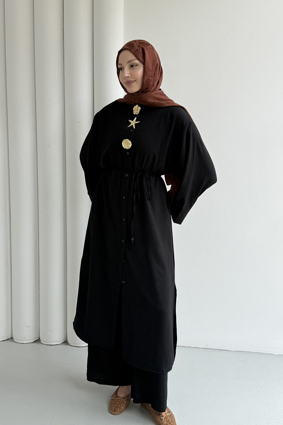 Boydan Düğmeli Tunik Pantolon Tesettür Takım-SİYAH