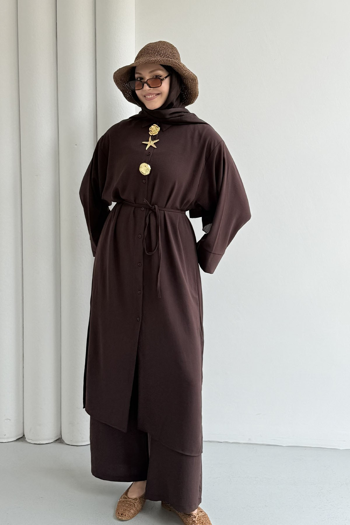 Boydan Düğmeli Tunik Pantolon Tesettür Takım-KAHVERENGİ