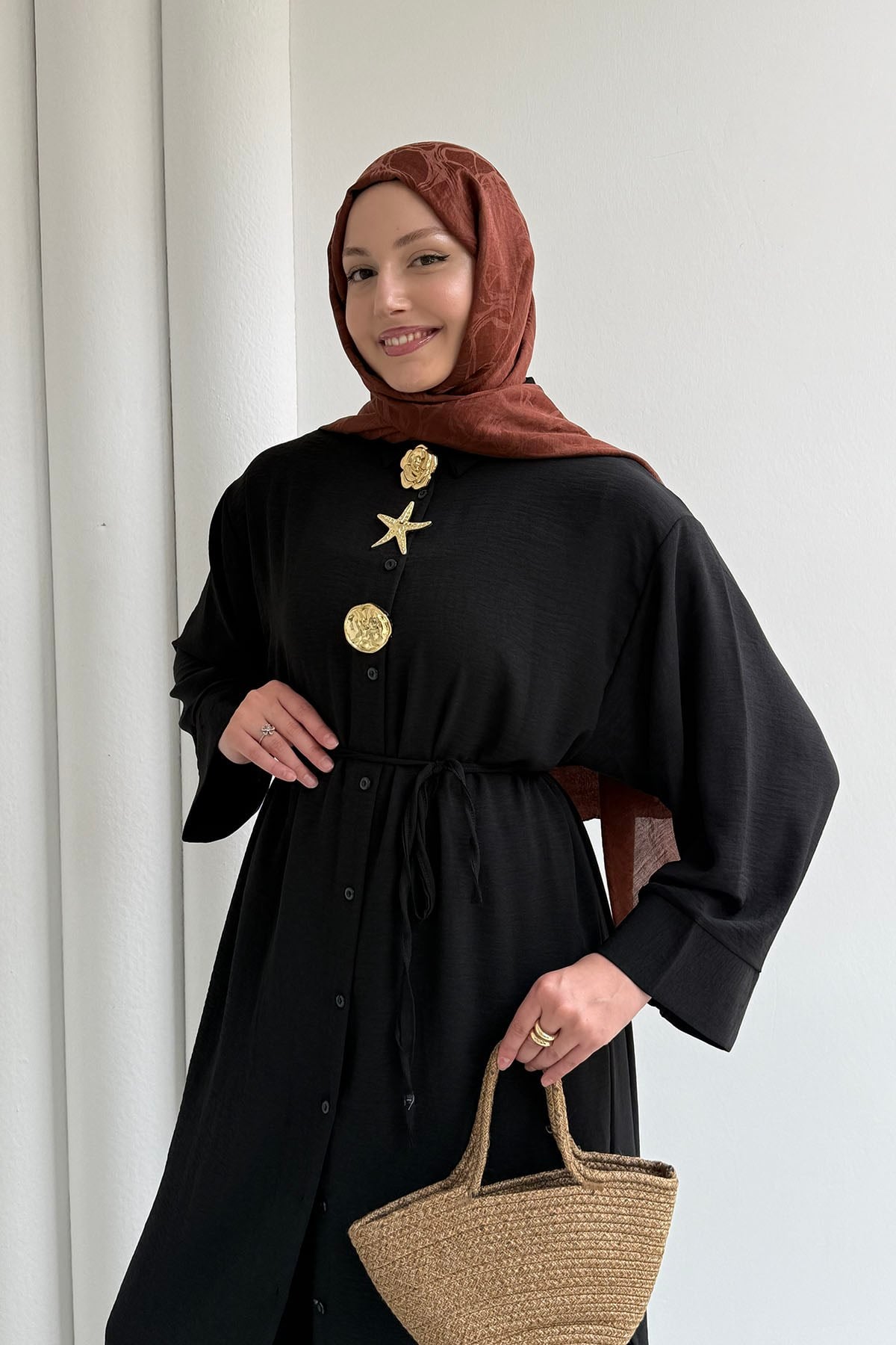 Boydan Düğmeli Tunik Pantolon Tesettür Takım-SİYAH