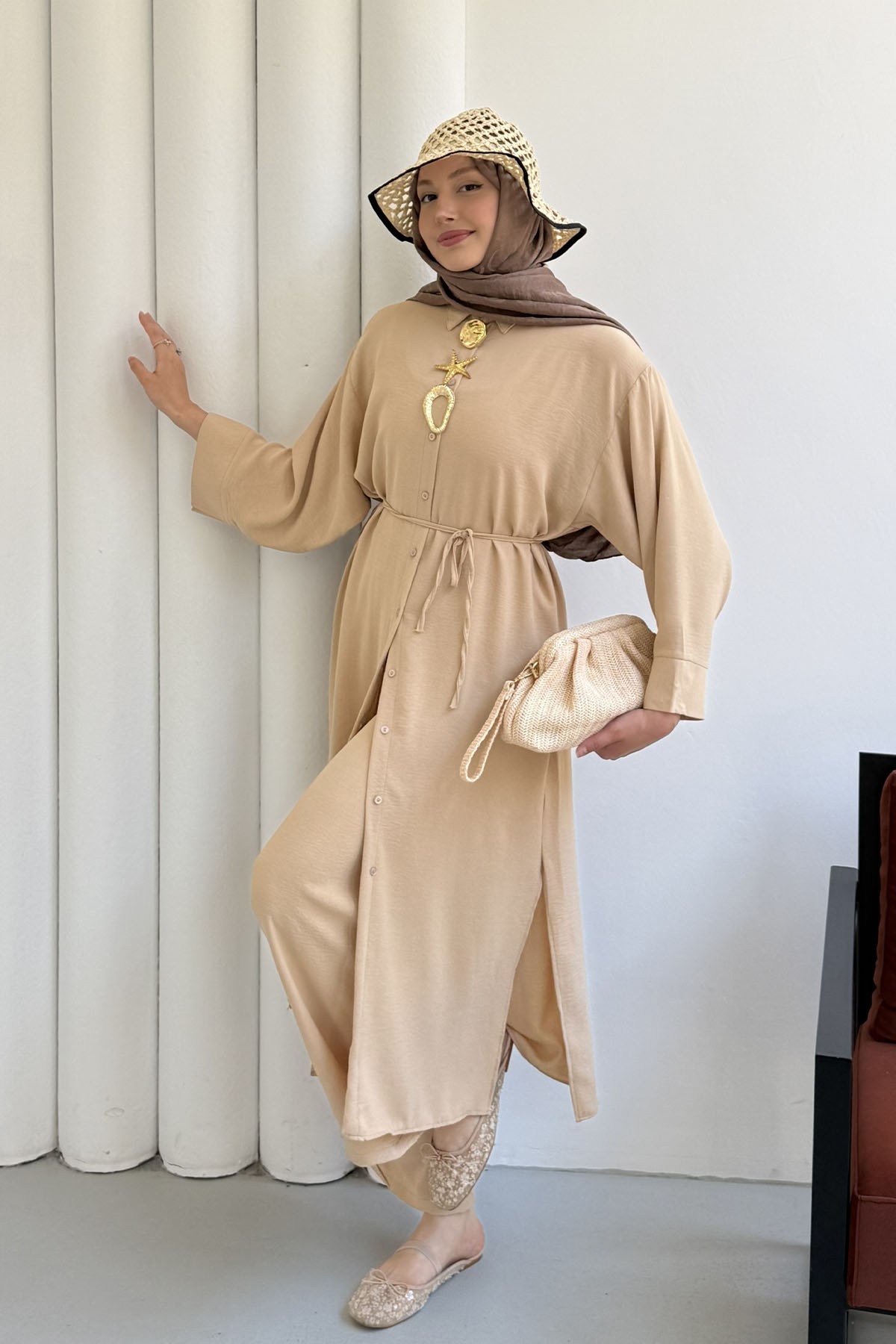 Boydan Düğmeli Tunik Pantolon Tesettür Takım-BEJ