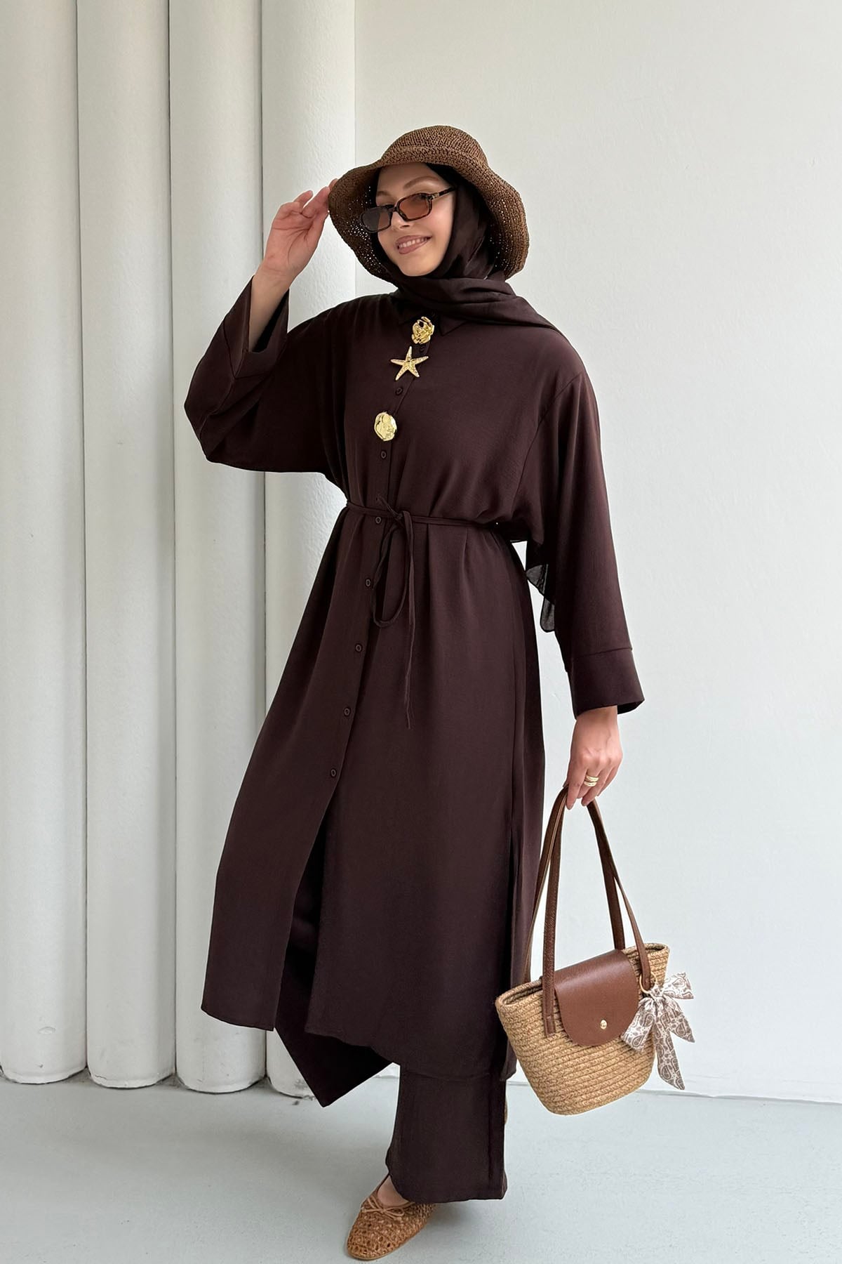 Boydan Düğmeli Tunik Pantolon Tesettür Takım-KAHVERENGİ
