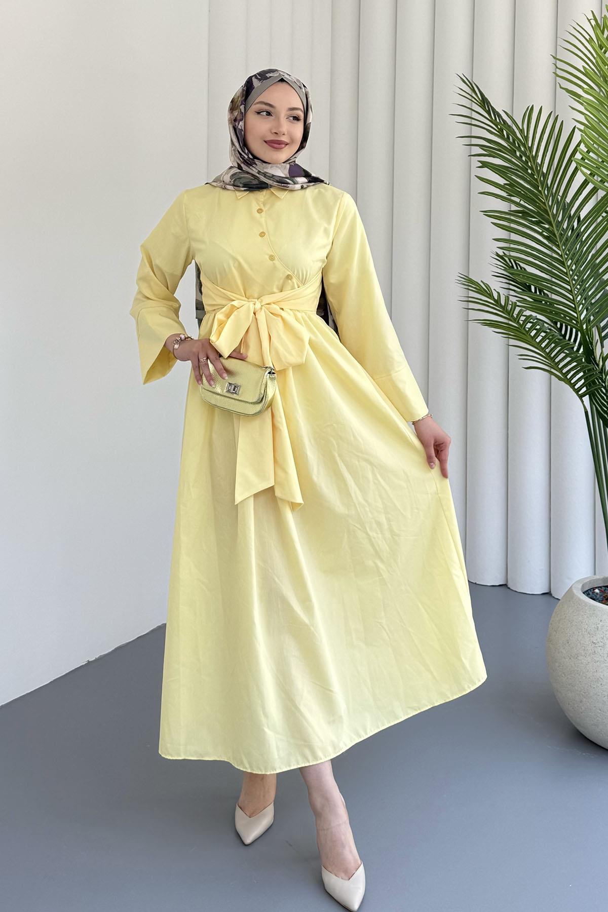 Çapraz Düğme Detaylı Bağlamalı Poplin Tesettür Elbise-SARI