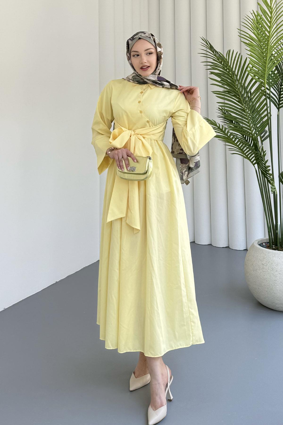 Çapraz Düğme Detaylı Bağlamalı Poplin Tesettür Elbise-SARI
