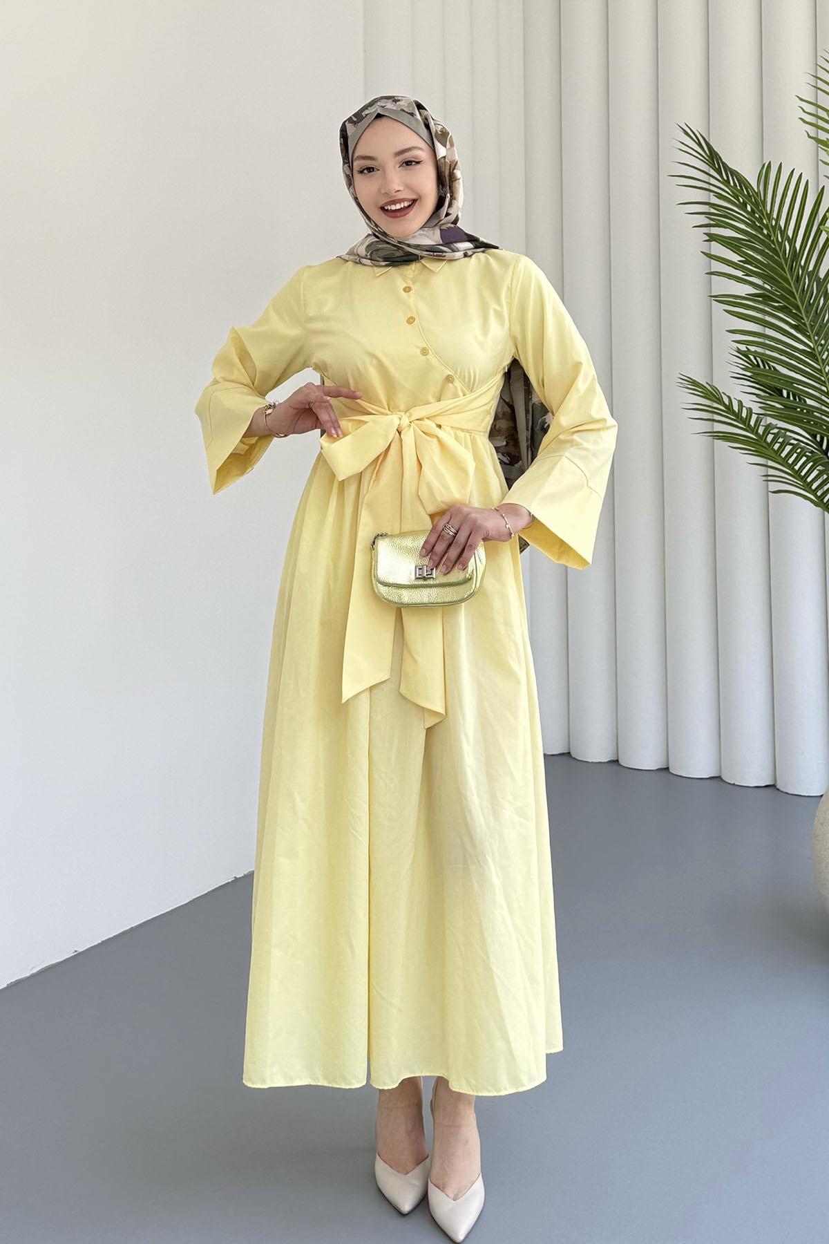 Çapraz Düğme Detaylı Bağlamalı Poplin Tesettür Elbise-SARI