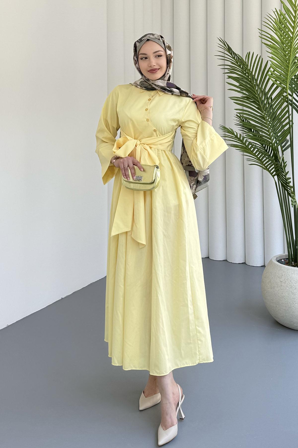 Çapraz Düğme Detaylı Bağlamalı Poplin Tesettür Elbise-SARI