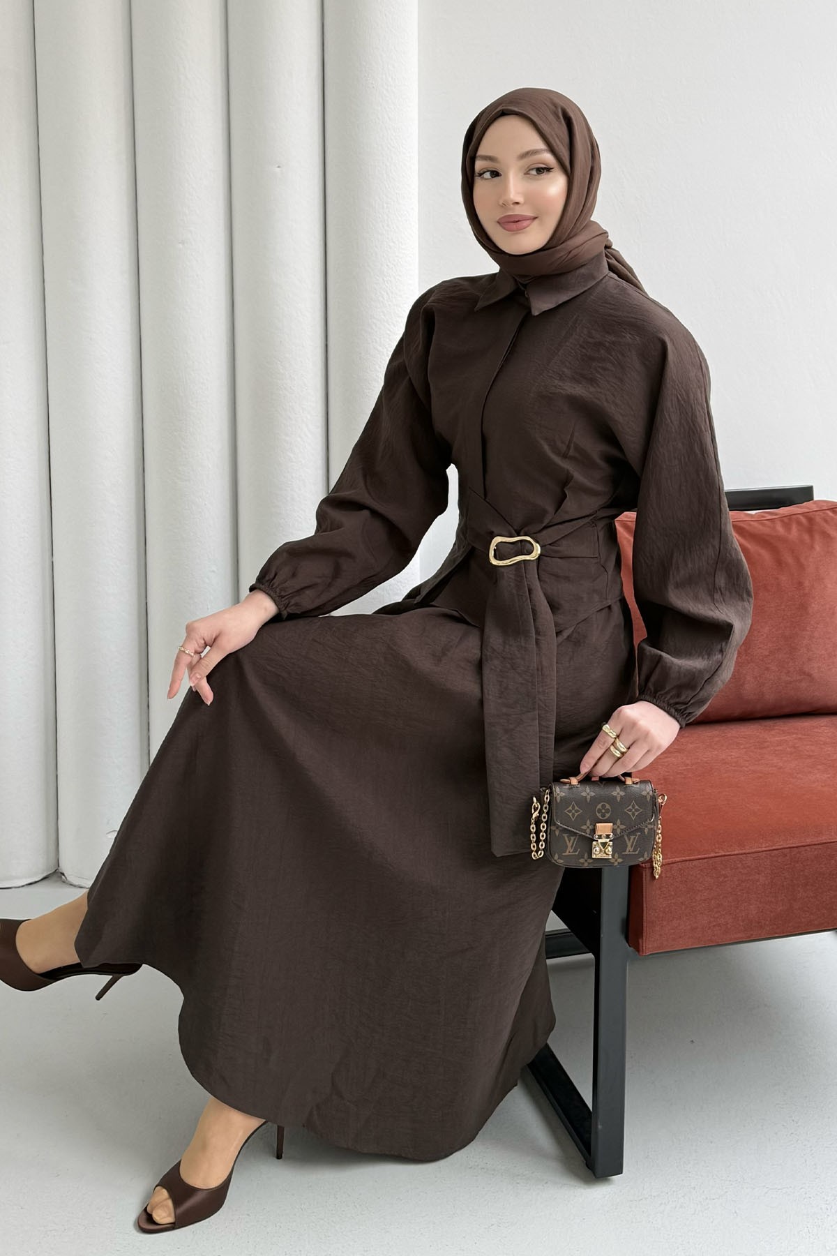 Ceket Toka Detay Paraşüt Kumaş Etekli Tesettür Takım-KAHVERENGİ