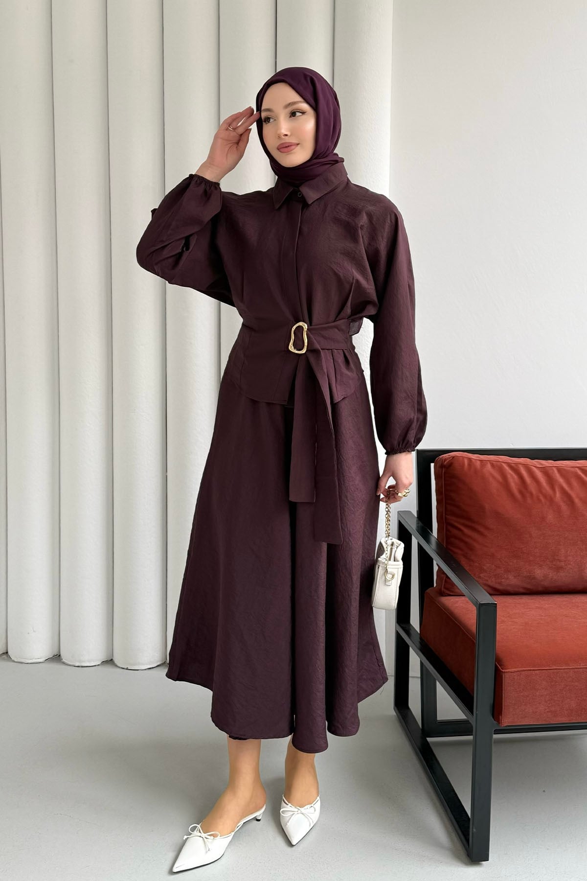 Ceket Toka Detay Paraşüt Kumaş Etekli Tesettür Takım-BORDO