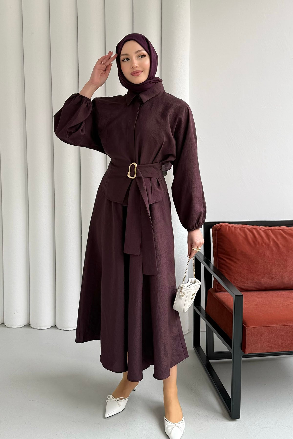 Ceket Toka Detay Paraşüt Kumaş Etekli Tesettür Takım-BORDO