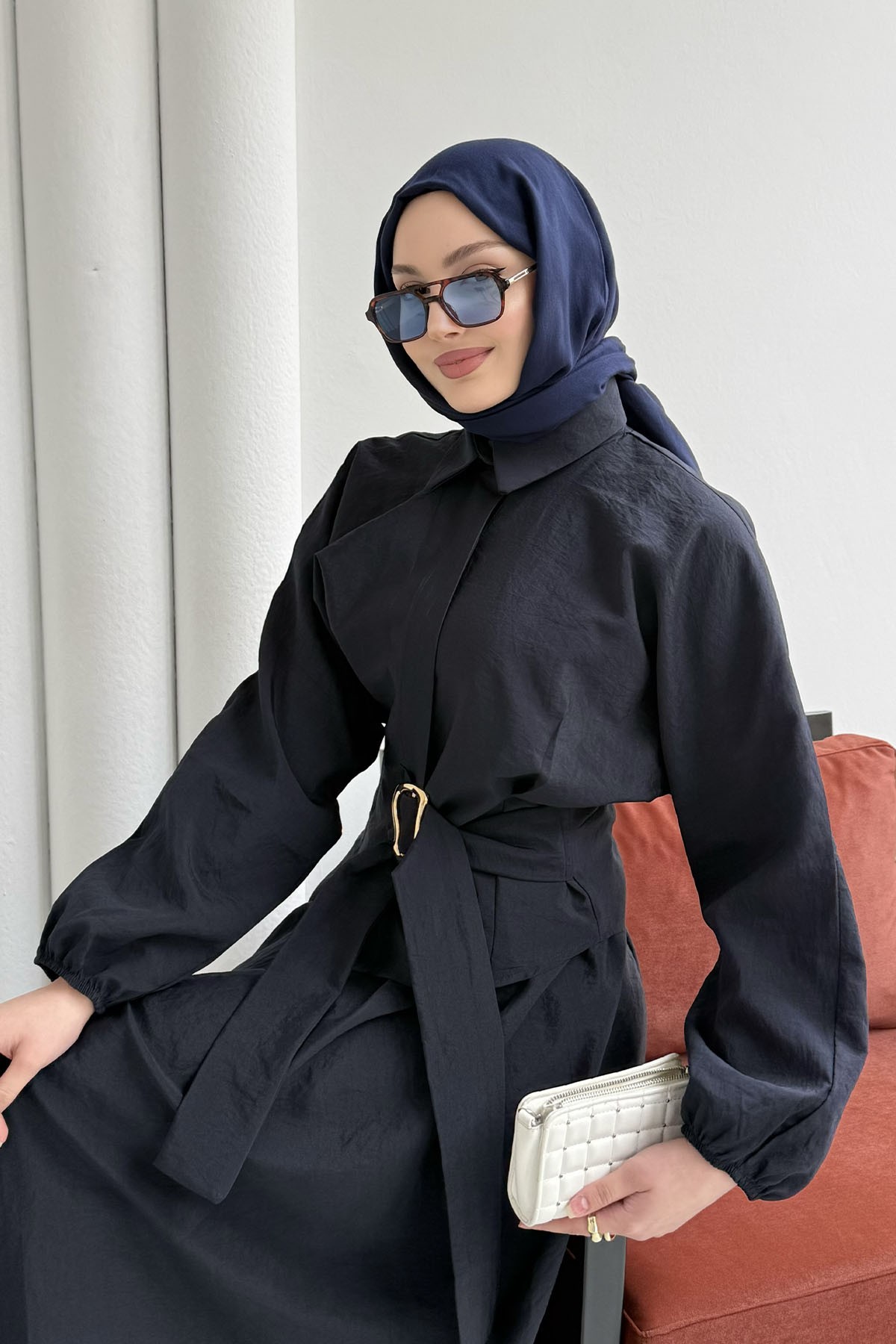 Ceket Toka Detay Paraşüt Kumaş Etekli Tesettür Takım-LACİVERT