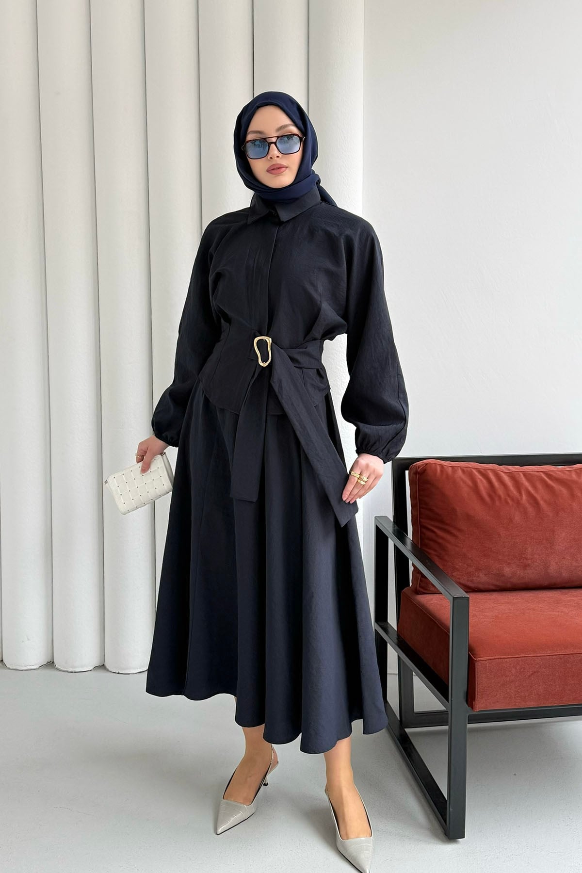 Ceket Toka Detay Paraşüt Kumaş Etekli Tesettür Takım-LACİVERT