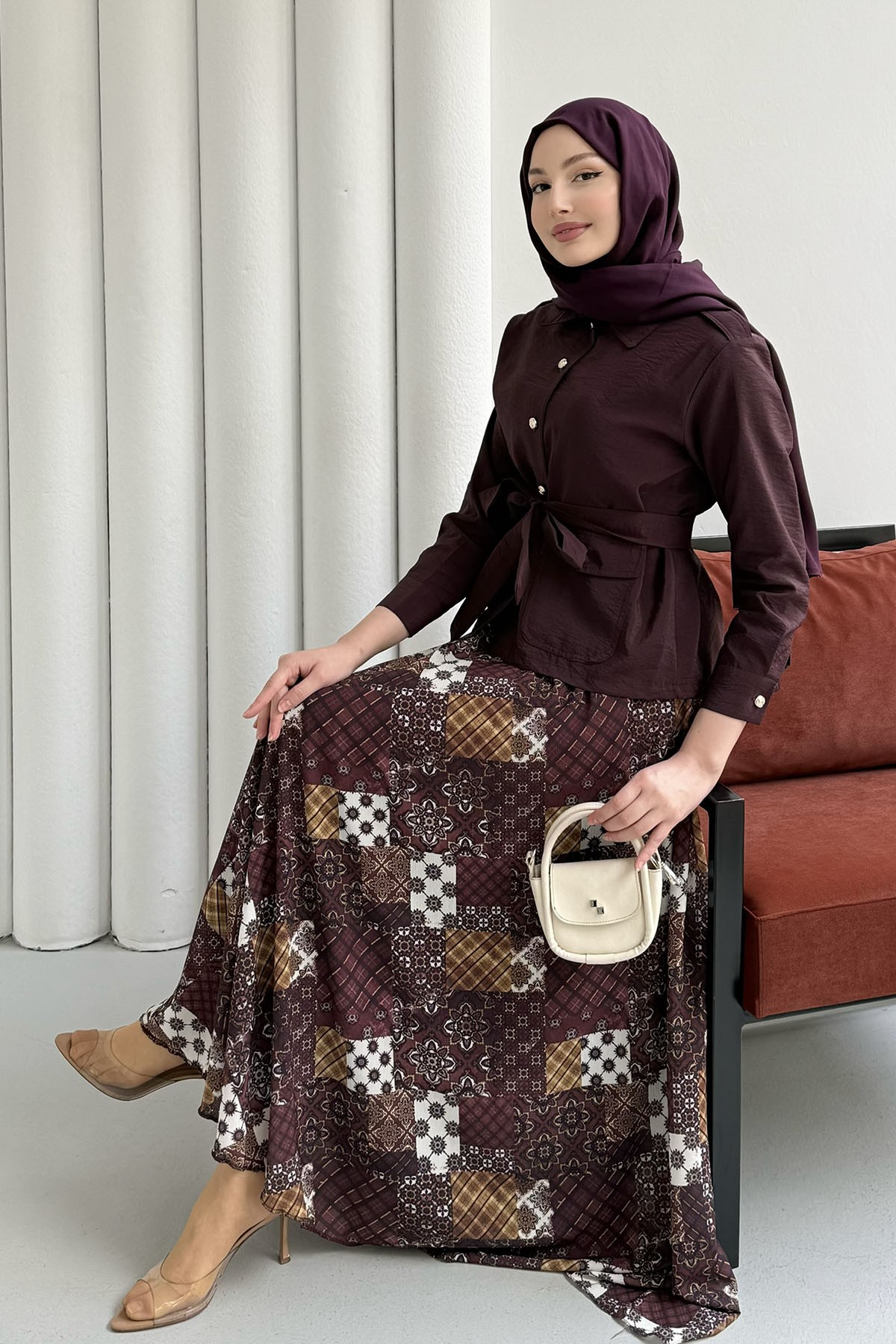 Ceketi Paraşüt Kumaş Etekli Tesettür Takım-BORDO