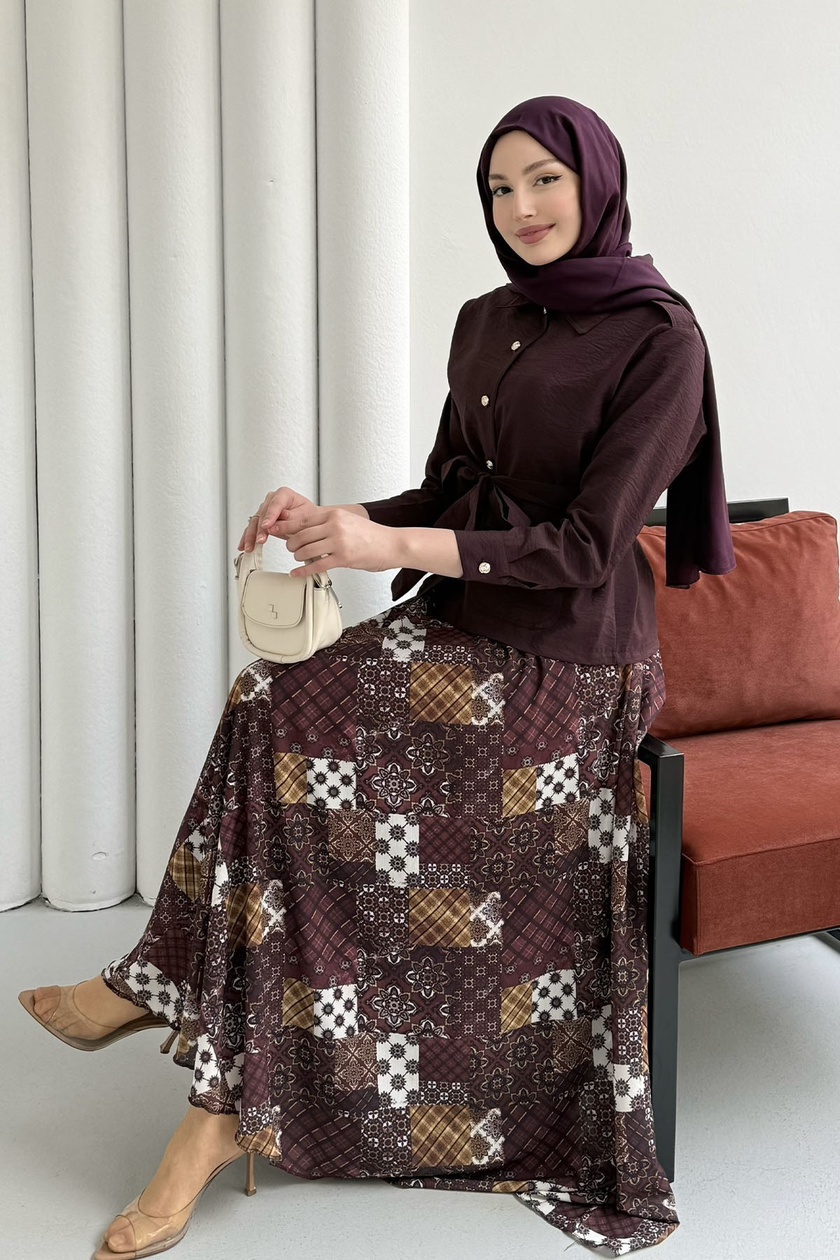 Ceketi Paraşüt Kumaş Etekli Tesettür Takım-BORDO