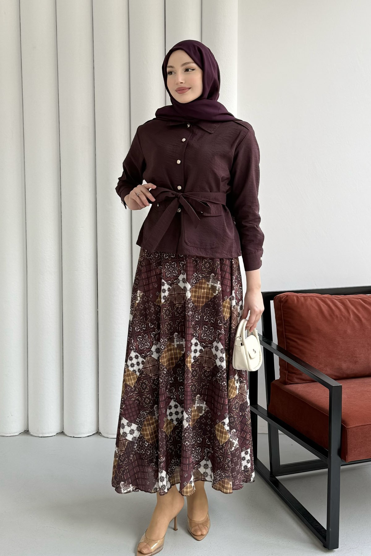 Ceketi Paraşüt Kumaş Etekli Tesettür Takım-BORDO