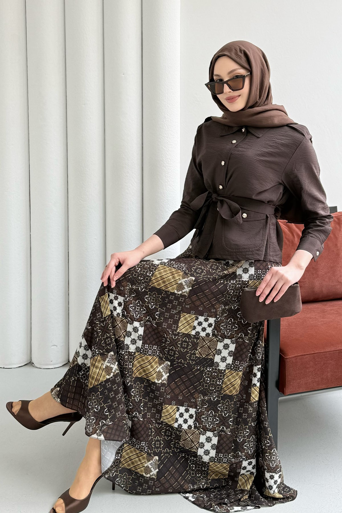 Ceketi Paraşüt Kumaş Etekli Tesettür Takım-KAHVERENGİ