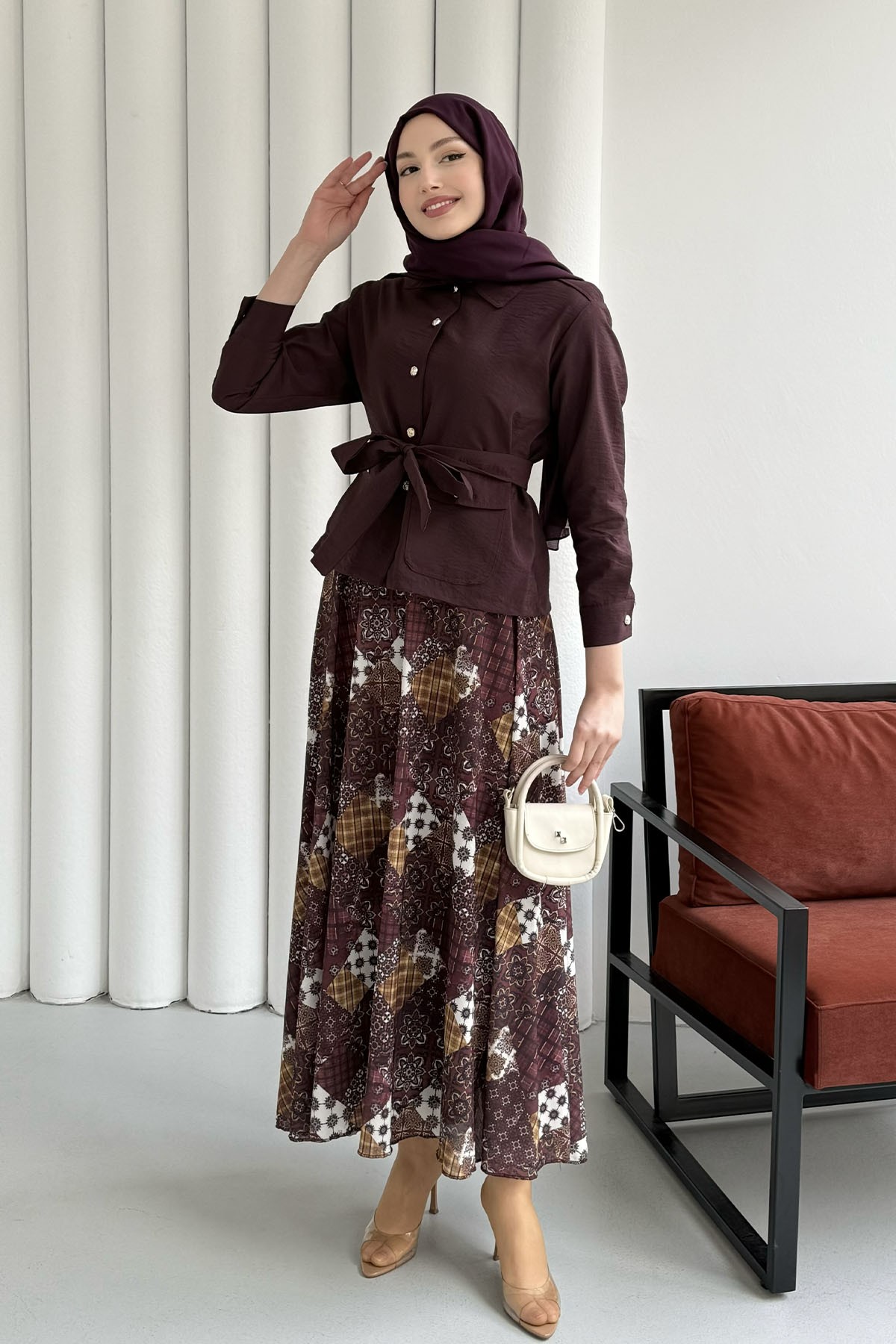 Ceketi Paraşüt Kumaş Etekli Tesettür Takım-BORDO