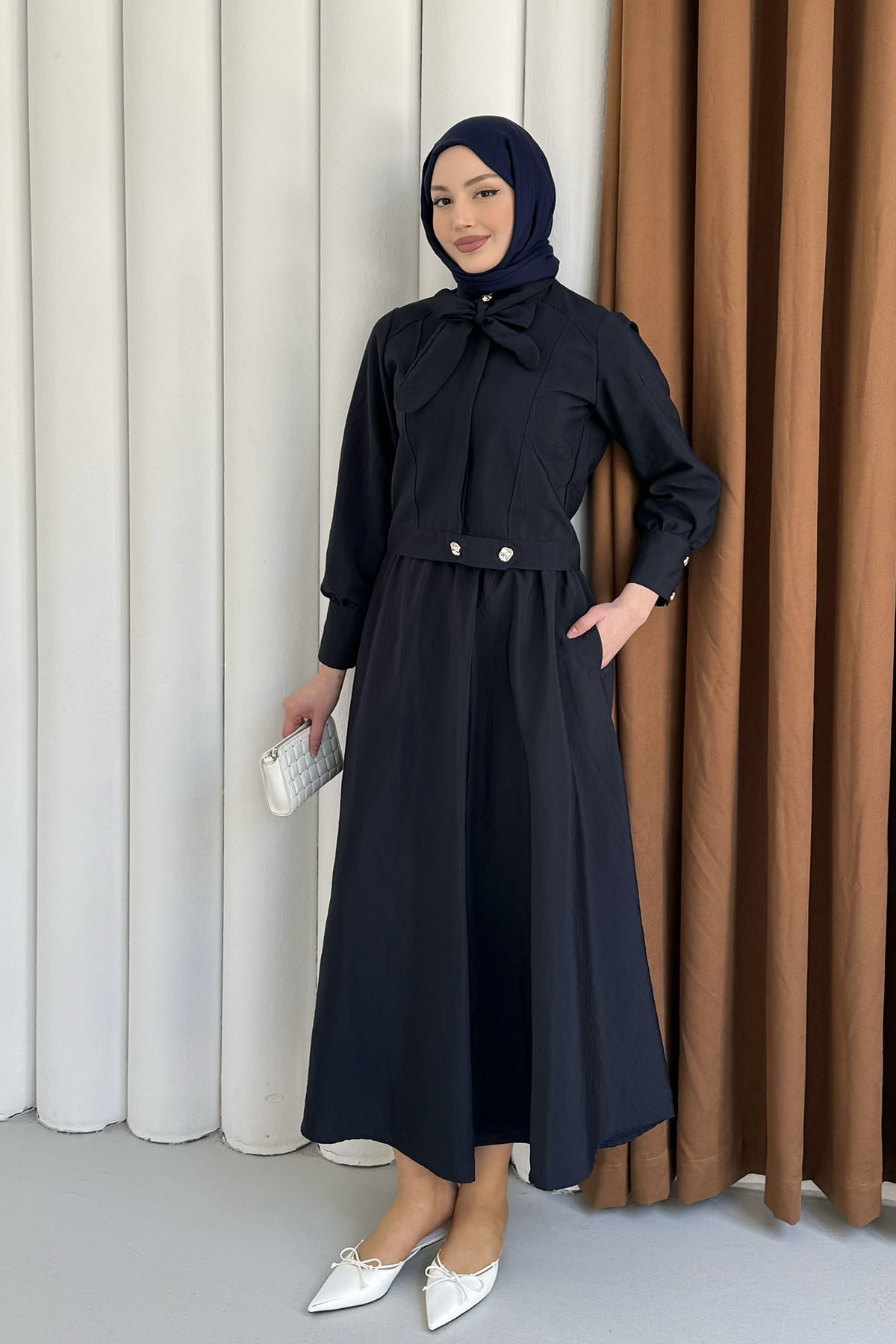 Ceketli Paraşüt Kumaş Etekli Tesettür Takım-LACİVERT