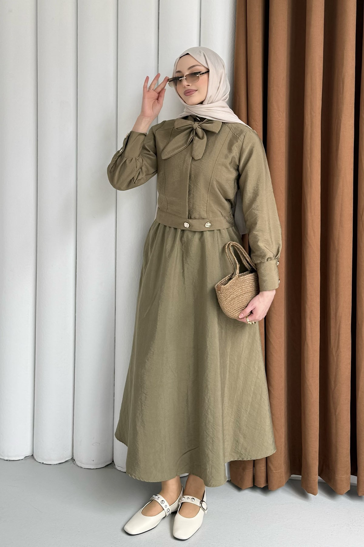 Ceketli Paraşüt Kumaş Etekli Tesettür Takım-MİNT YEŞİLİ