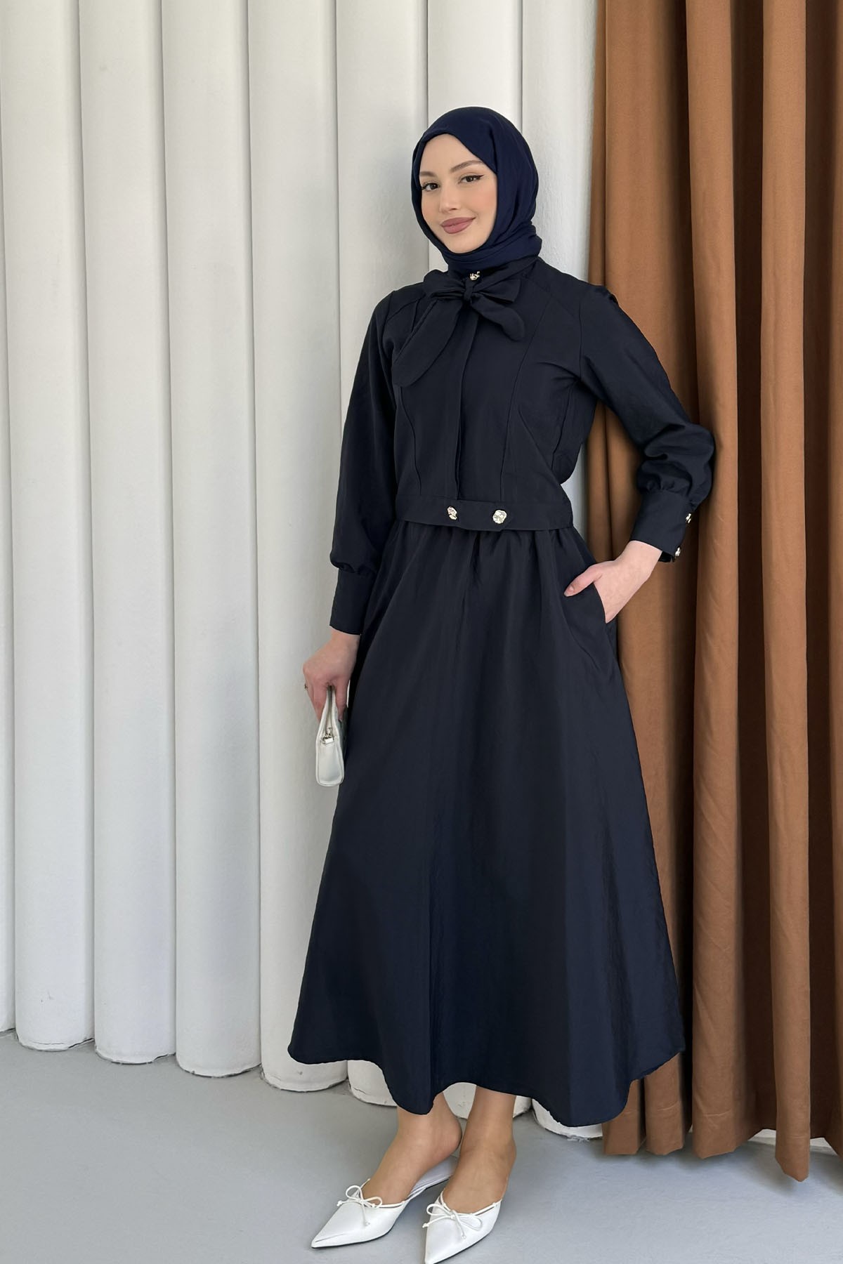 Ceketli Paraşüt Kumaş Etekli Tesettür Takım-LACİVERT