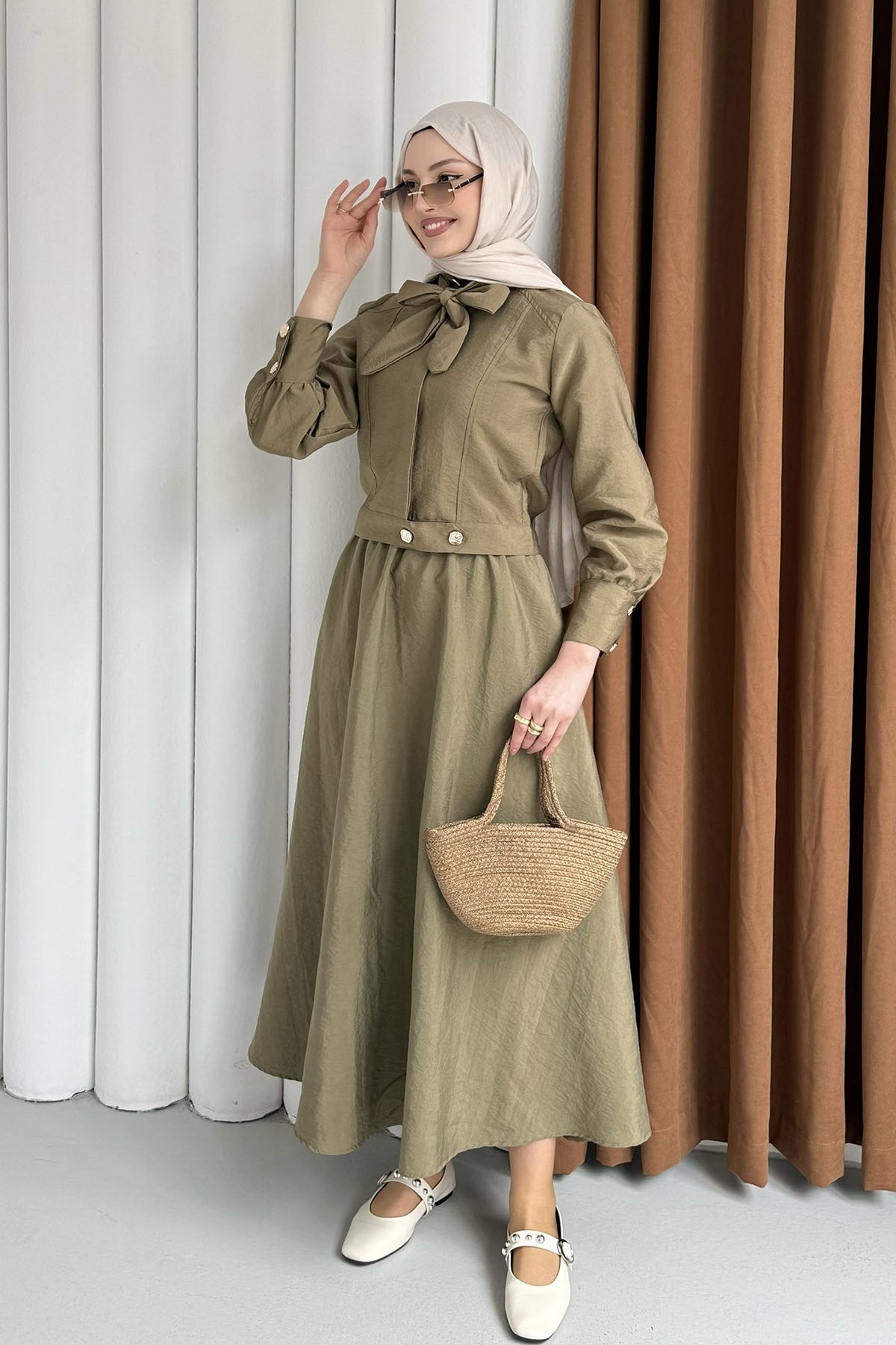 Ceketli Paraşüt Kumaş Etekli Tesettür Takım-MİNT YEŞİLİ