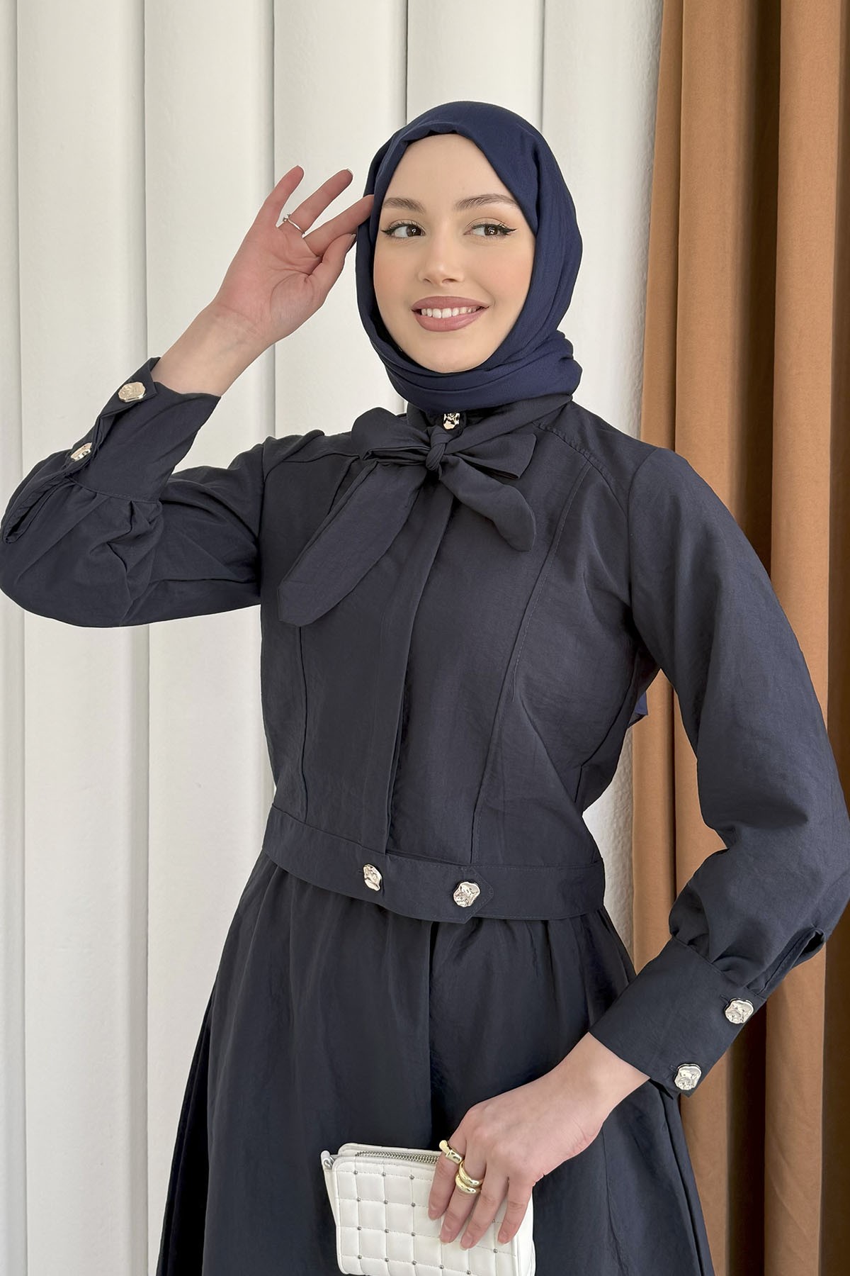 Ceketli Paraşüt Kumaş Etekli Tesettür Takım-LACİVERT