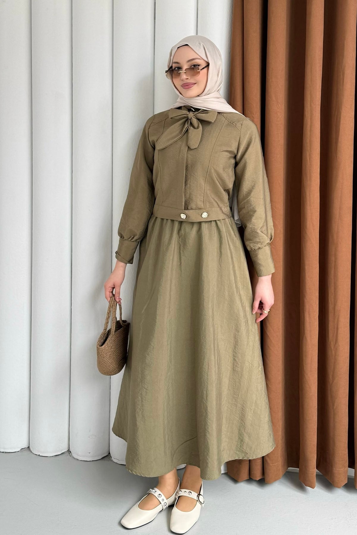 Ceketli Paraşüt Kumaş Etekli Tesettür Takım-MİNT YEŞİLİ