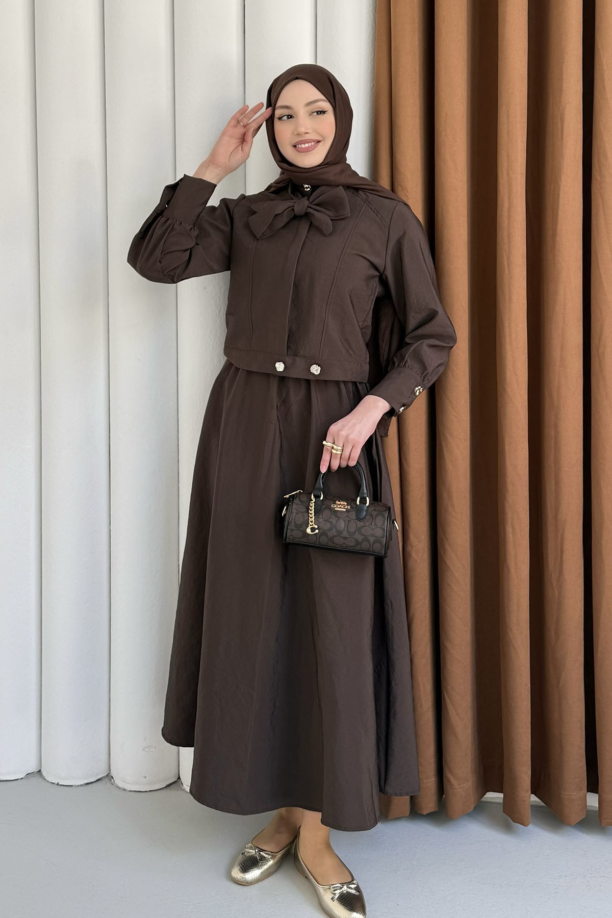 Ceketli Paraşüt Kumaş Etekli Tesettür Takım-KAHVERENGİ