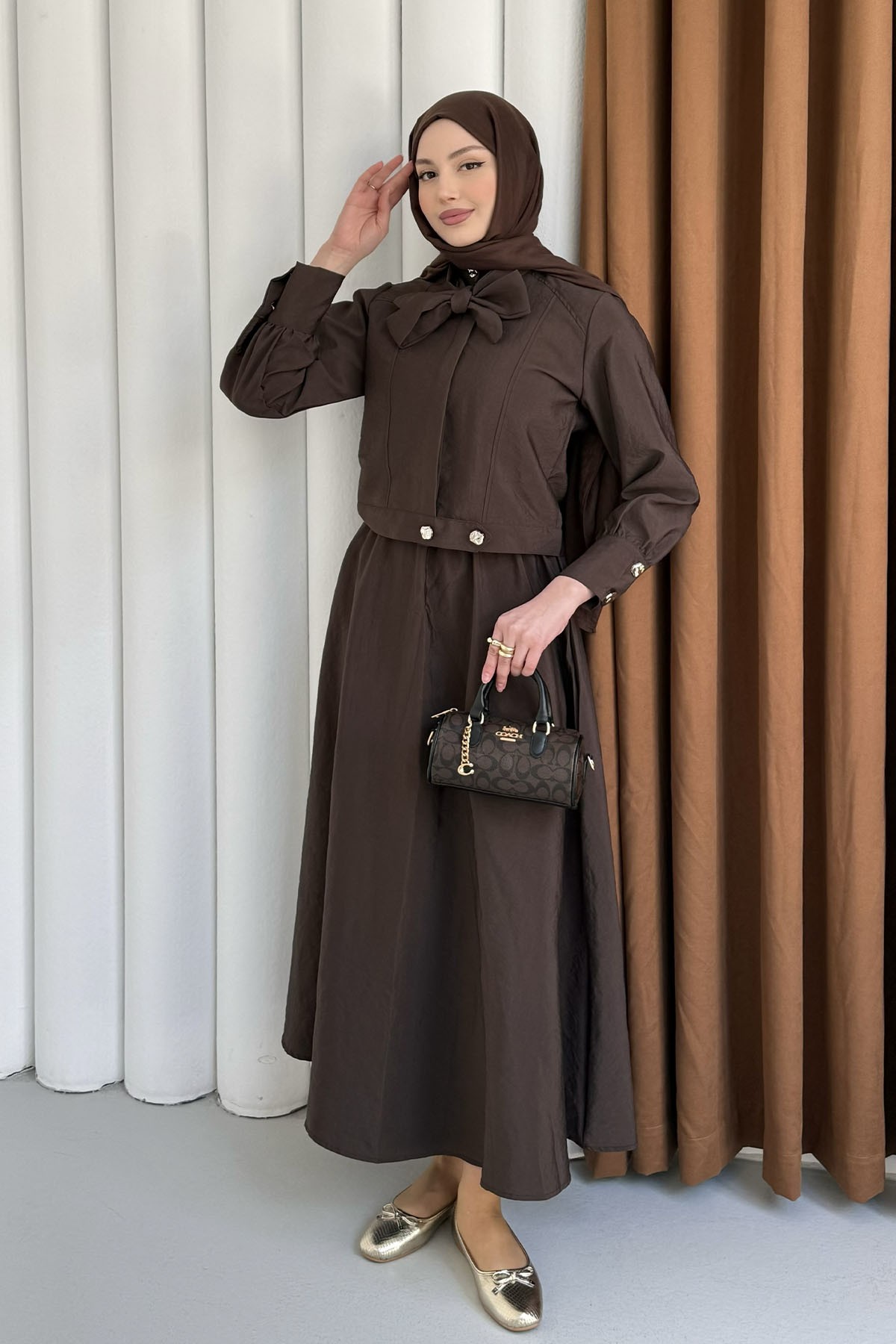 Ceketli Paraşüt Kumaş Etekli Tesettür Takım-KAHVERENGİ