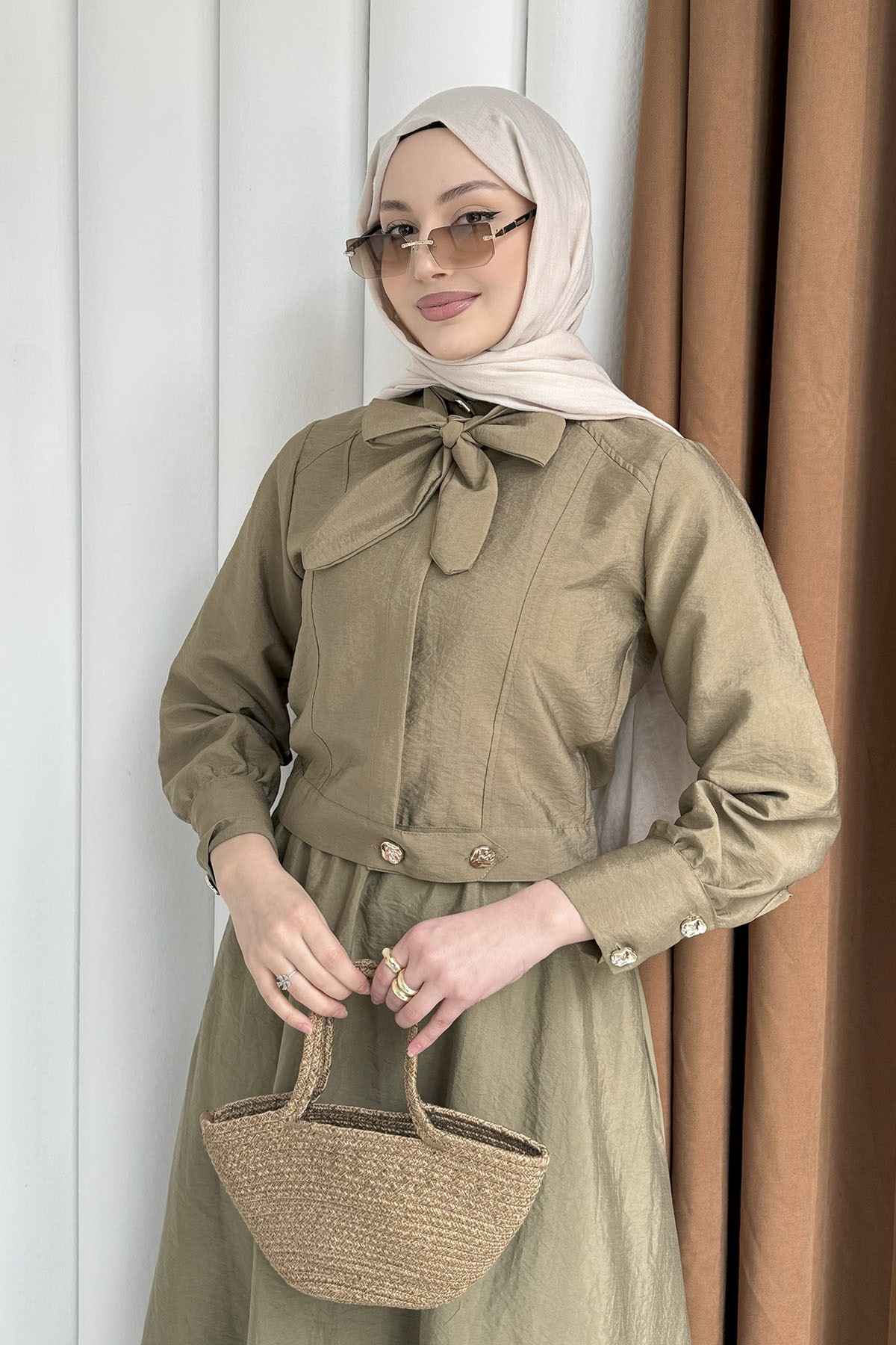 Ceketli Paraşüt Kumaş Etekli Tesettür Takım-MİNT YEŞİLİ