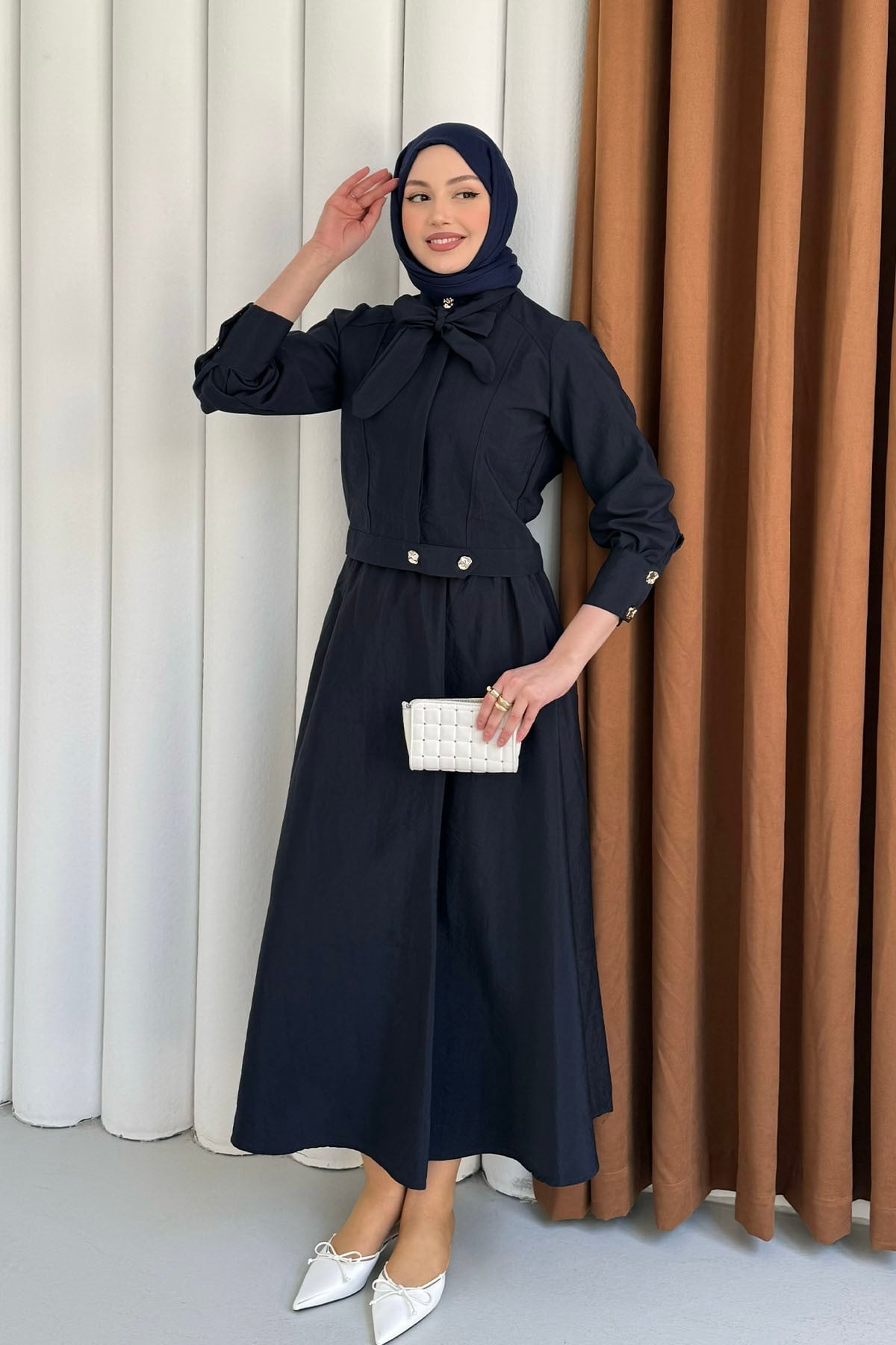 Ceketli Paraşüt Kumaş Etekli Tesettür Takım-LACİVERT