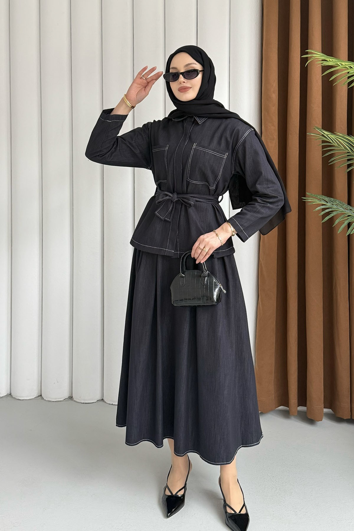 Cepli Dikiş Detaylı Etekli Tesettür Takım-LACİVERT