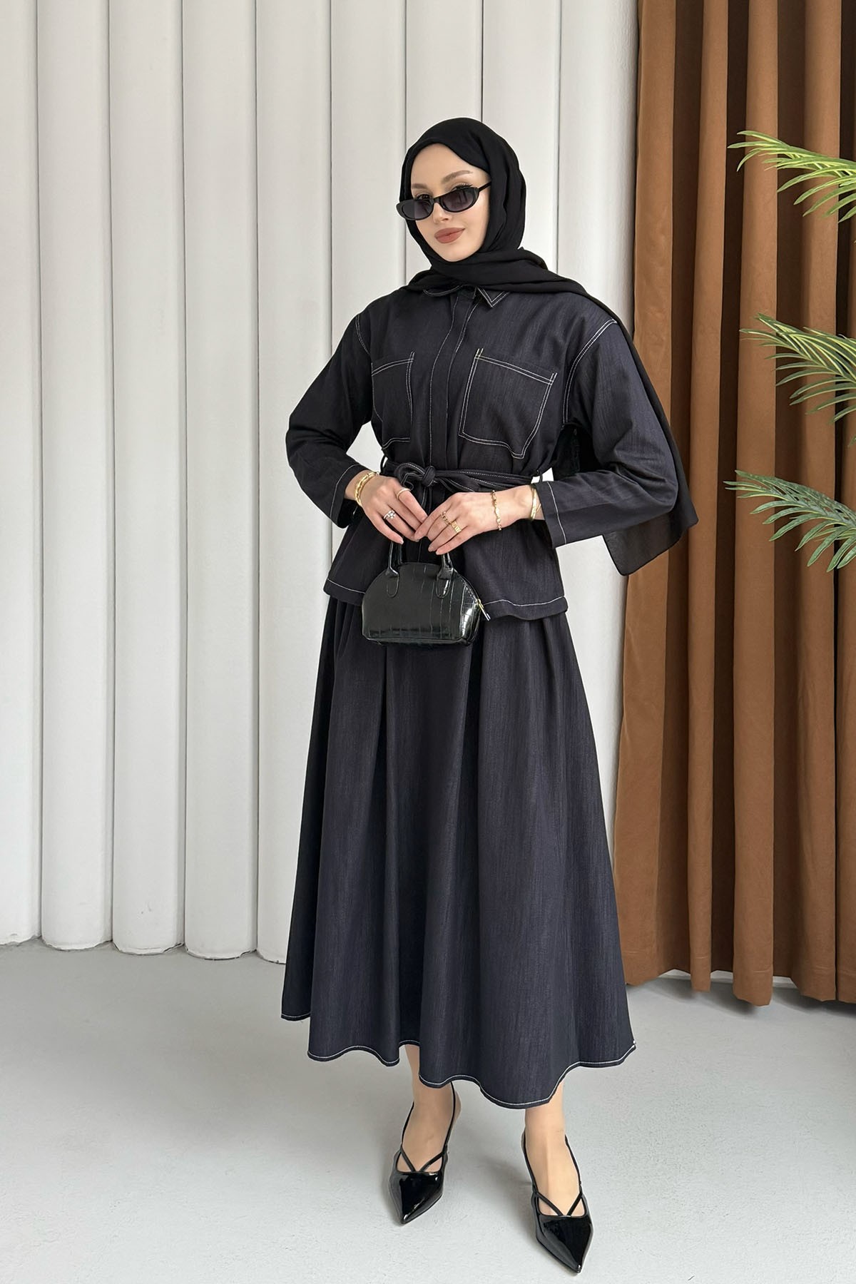 Cepli Dikiş Detaylı Etekli Tesettür Takım-LACİVERT