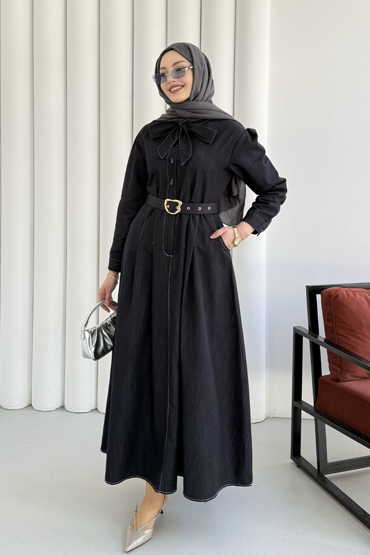 Cepli Kendinden Fularlı Denim Tesettür Elbise-LACİVERT