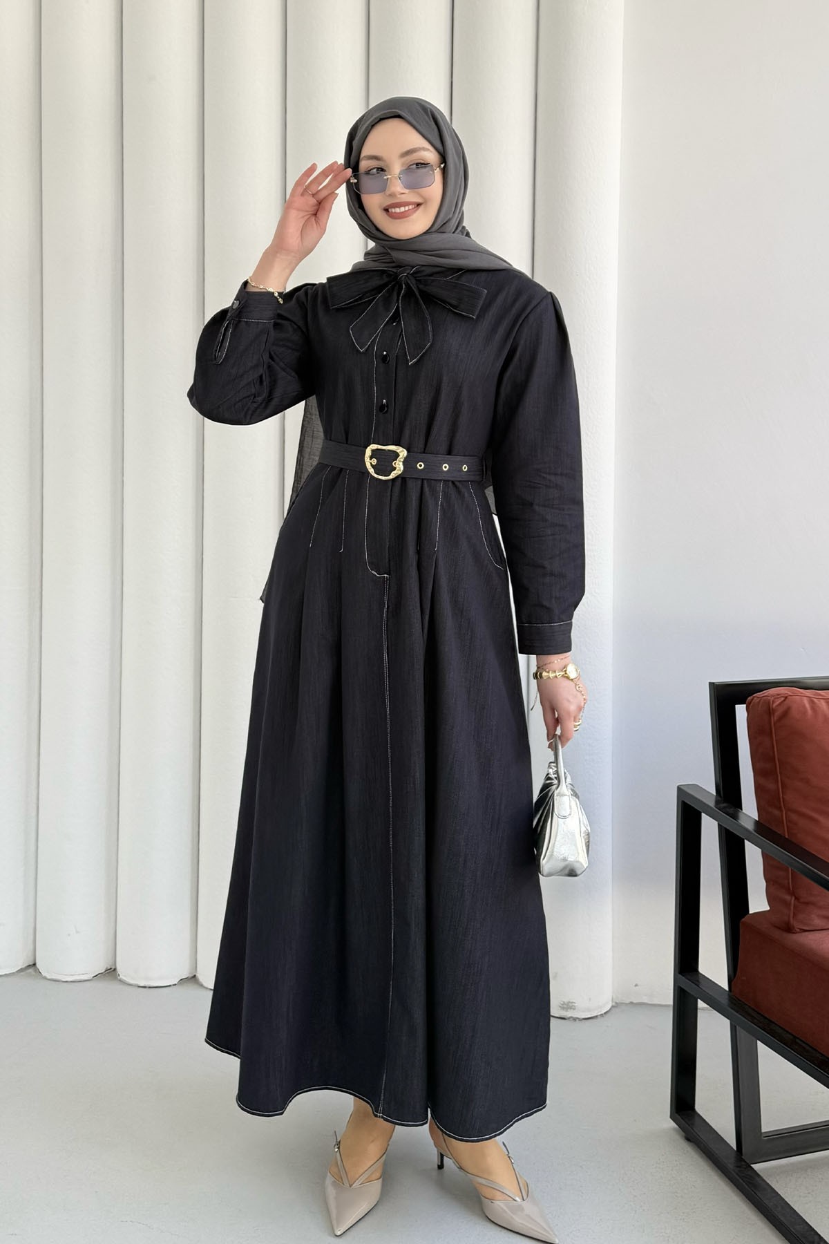 Cepli Kendinden Fularlı Denim Tesettür Elbise-LACİVERT