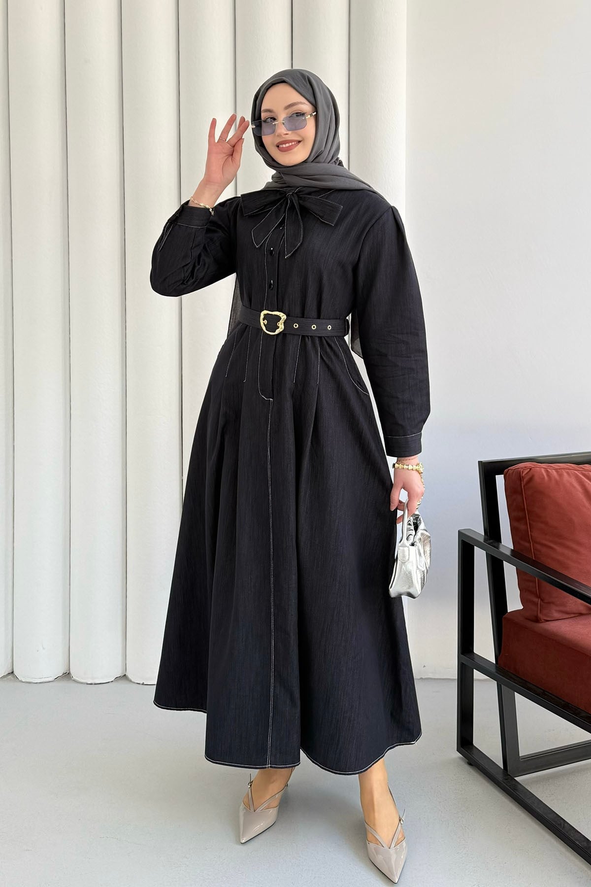 Cepli Kendinden Fularlı Denim Tesettür Elbise-LACİVERT